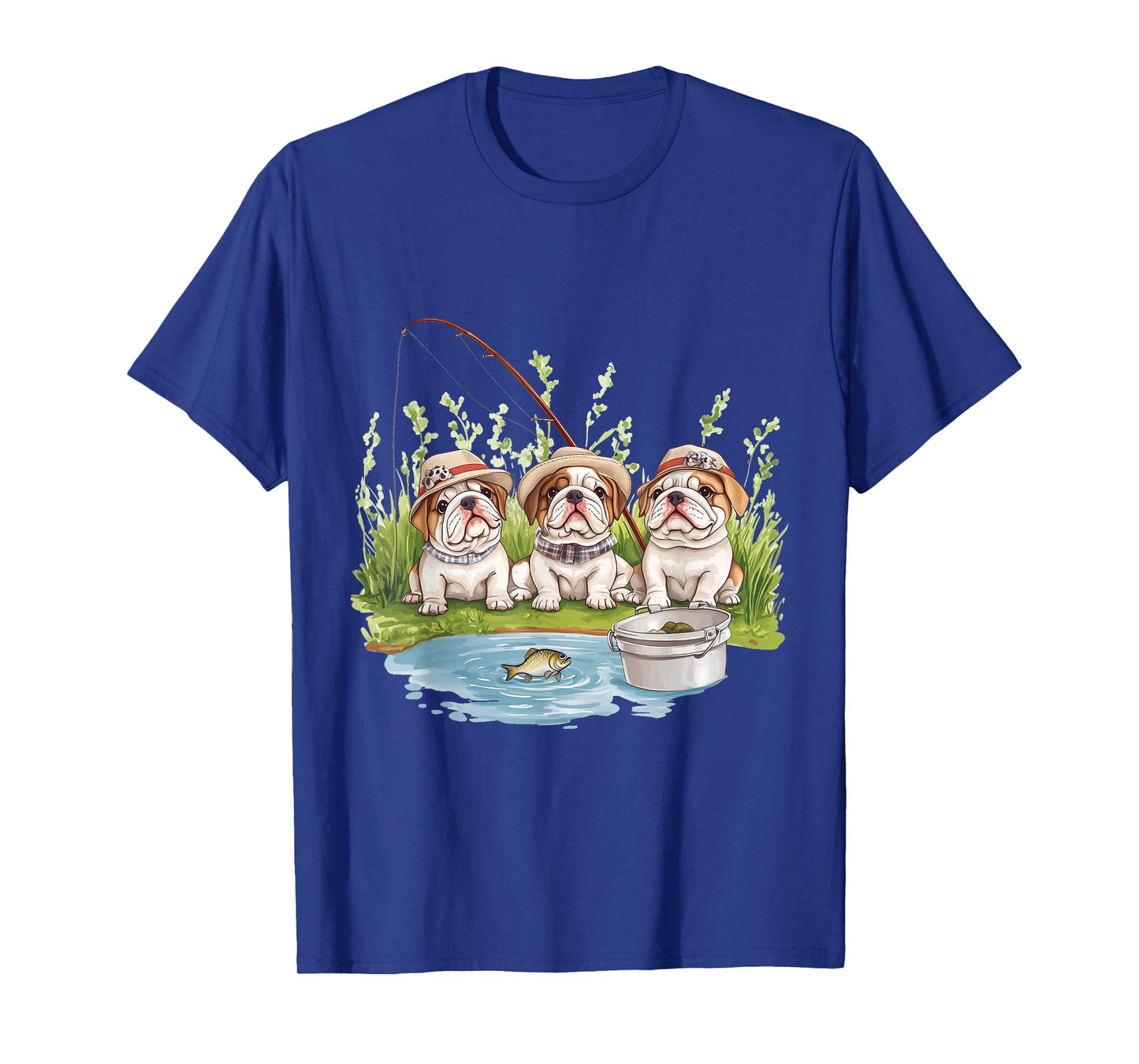Cute English Bulldogs Fishing Pond Puppy Lake Fish Dogs T-Shirt