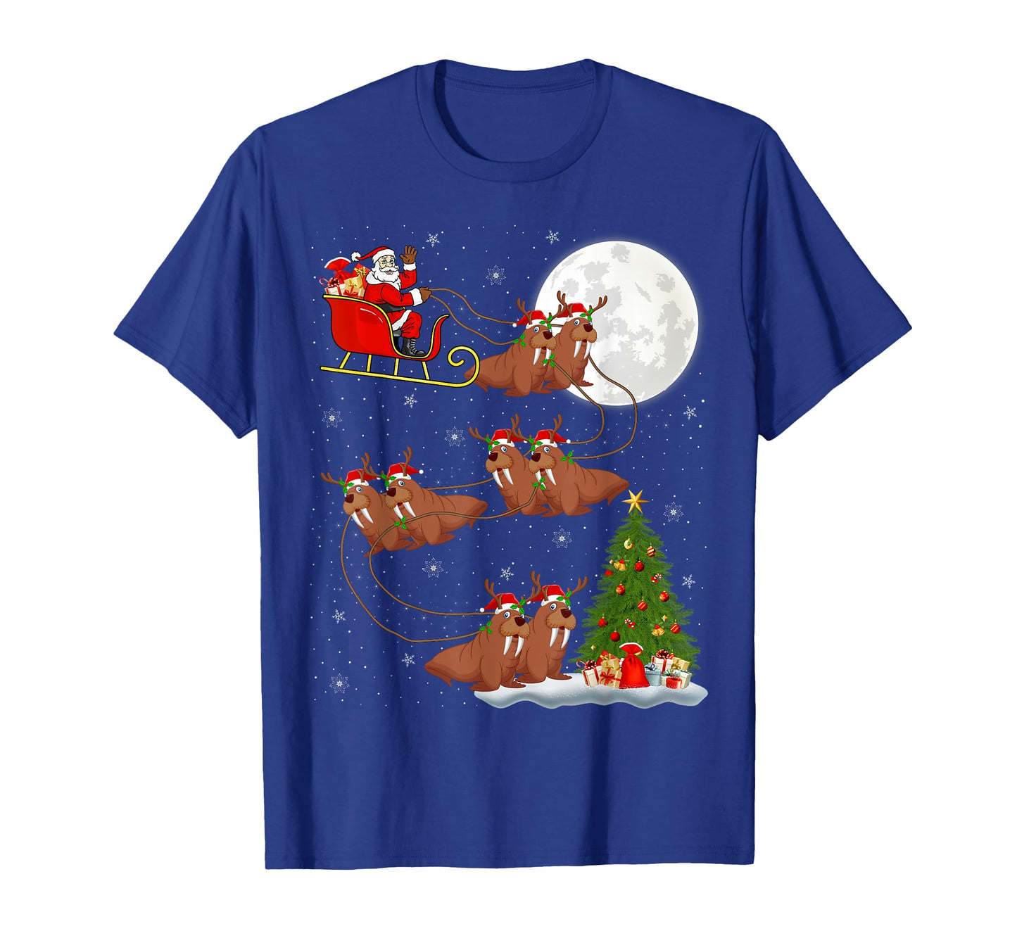 Xmas Tree Lights Funny Santa Riding Walrus Christmas T-Shirt