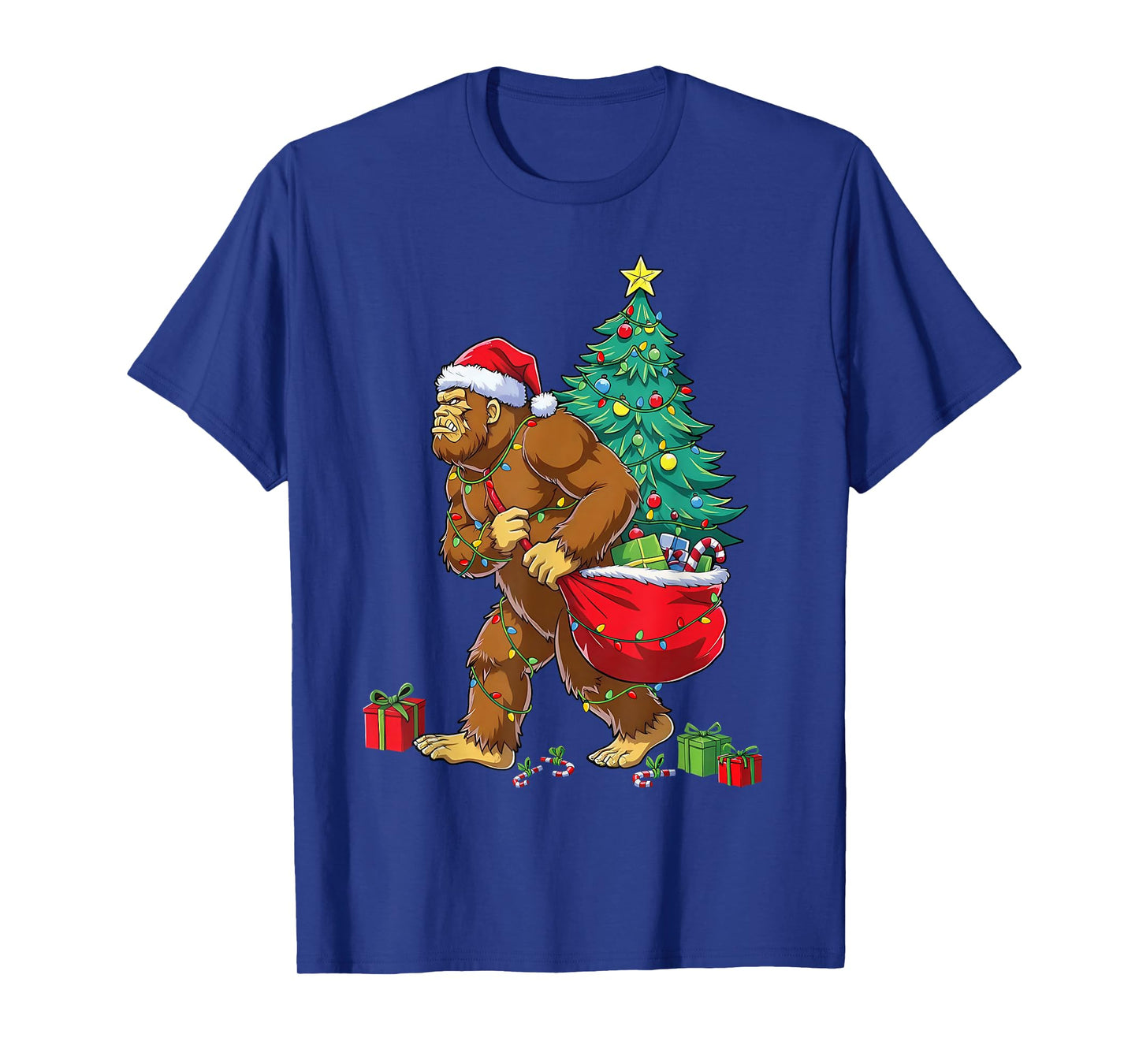 Santa Bigfoot Christmas Tree Xmas Lights Funny Sasquatch T-Shirt