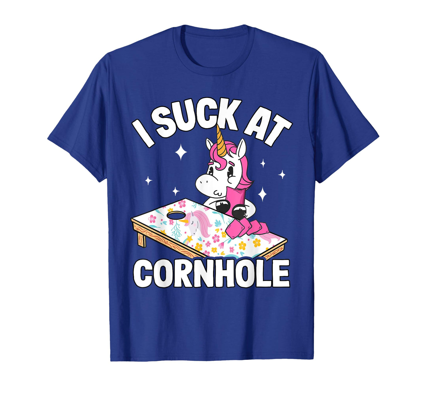 I Suck At Cornhole Loser Funny Sarcastic Joke Pink Unicorn T-Shirt
