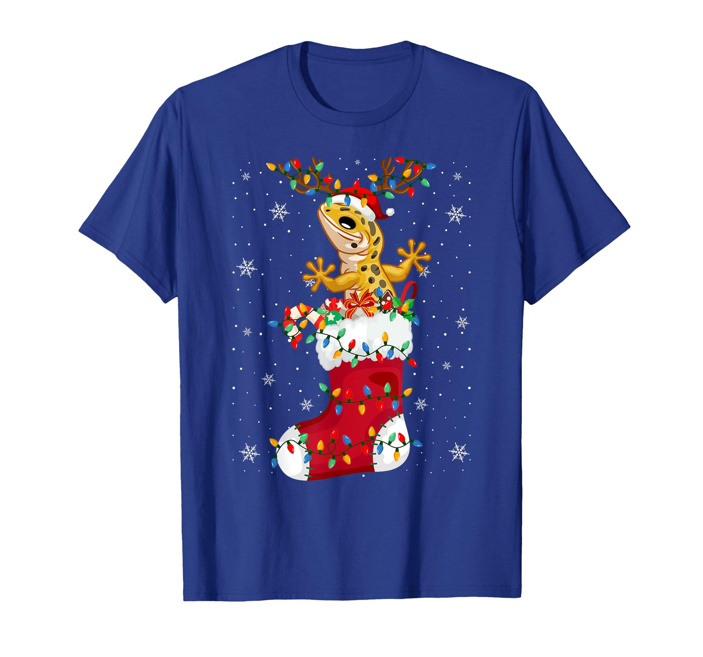 Santa Hat Leopard Gecko Animal In Socks Xmas Tree Lights T-Shirt