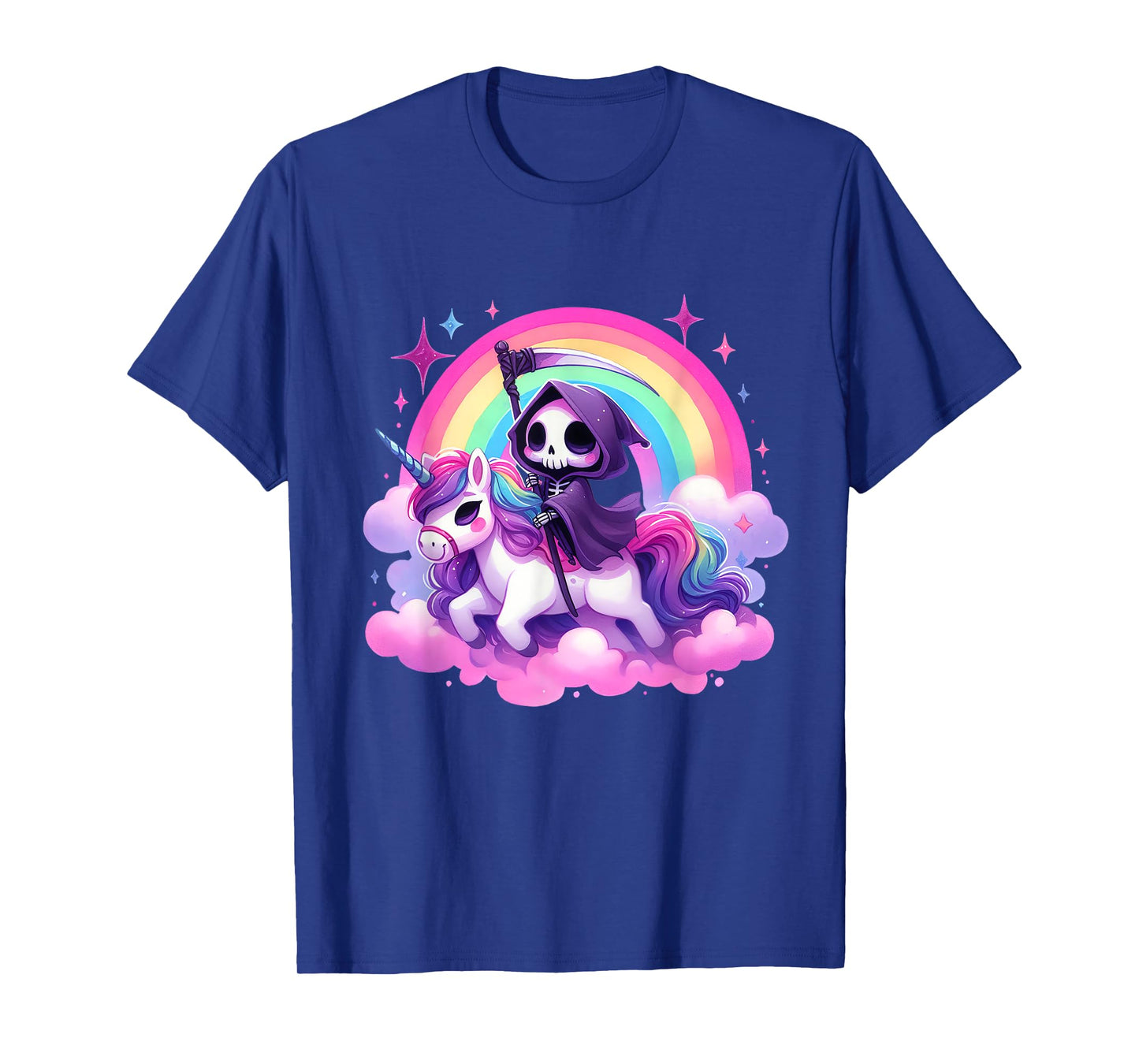 Funny Humor Rainbow Gothic Grim Reaper Riding Unicorn Kids T-Shirt