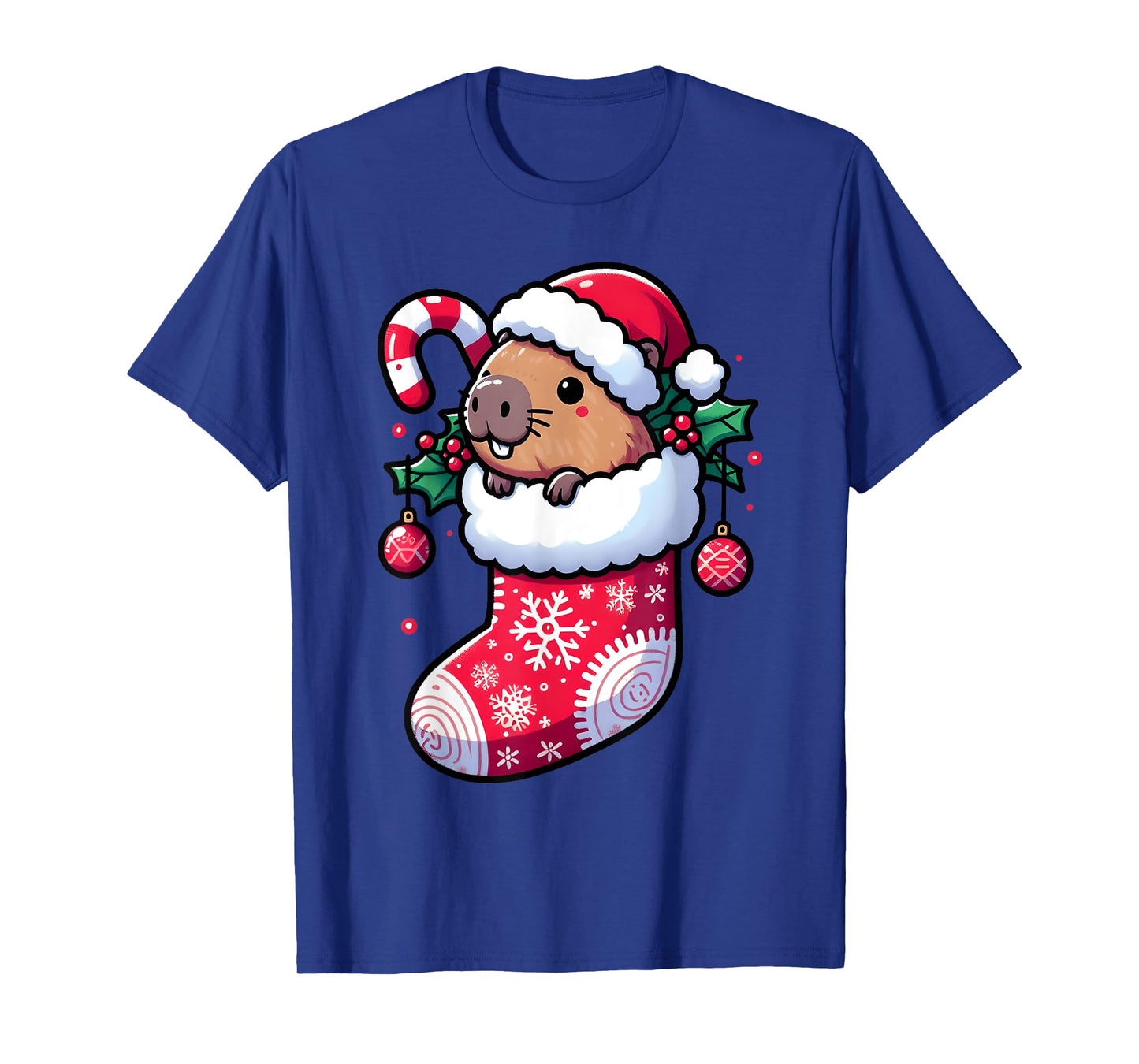 Cute Capybara Wearing Santa Hat in Christmas Stocking Pajama T-Shirt