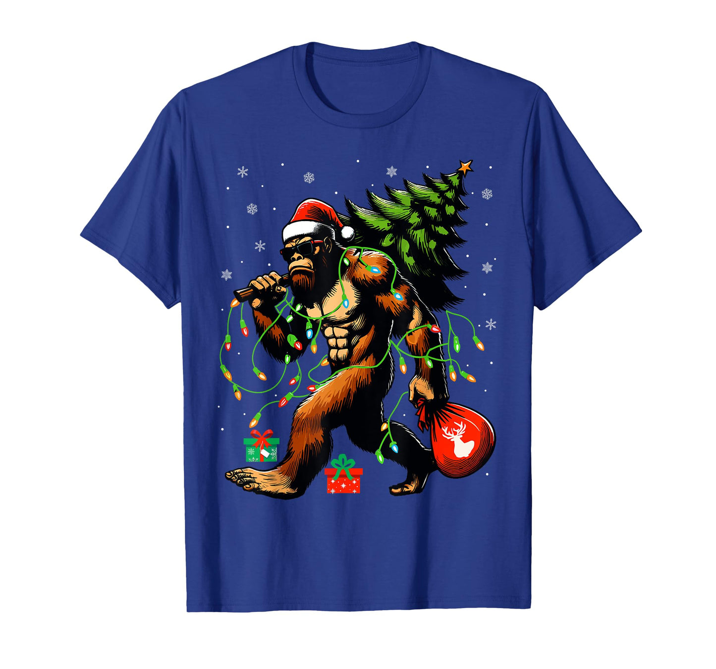 Santa Bigfoot Christmas Tree Xmas Lights Funny Sasquatch T-Shirt