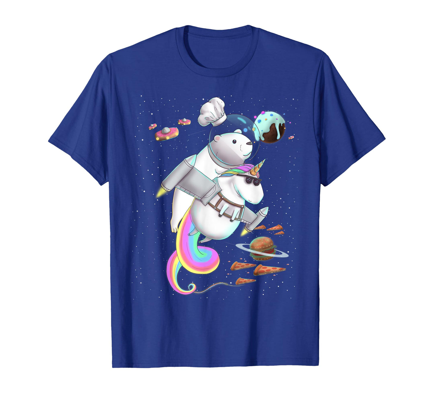 Polar Bear Riding Unicorn Food Pizza Space Party Planet T-Shirt