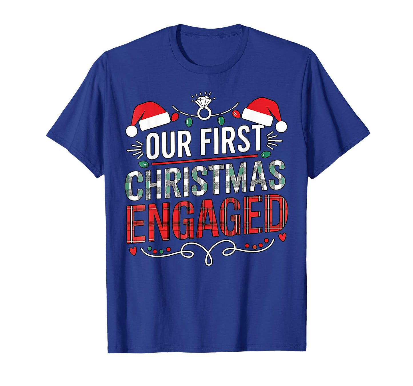 Our First Christmas Engaged 2024 Black Unisex Adult Christmas Couple Matching T-Shirt