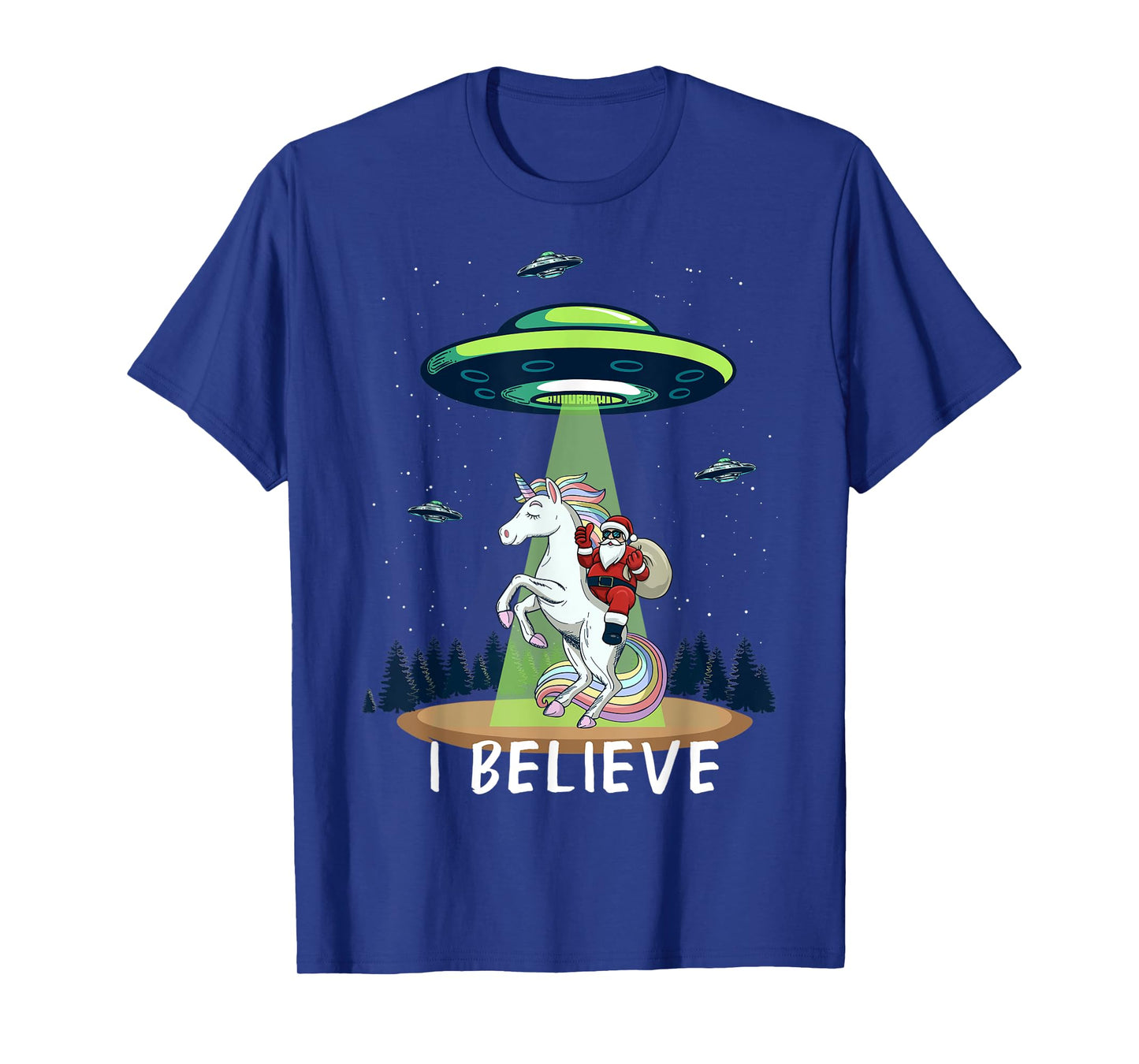 Santa Claus Riding Unicorn Alien space UFO Christmas Design T-Shirt