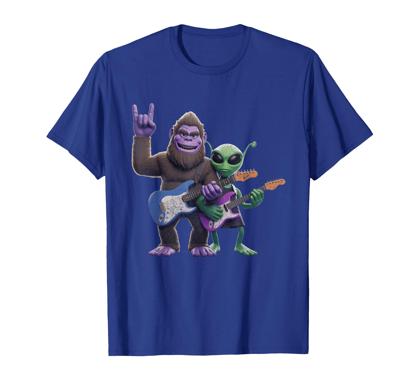 Funny Alien And Bigfoot Sasquatch Guitar Rock On T-Shirt