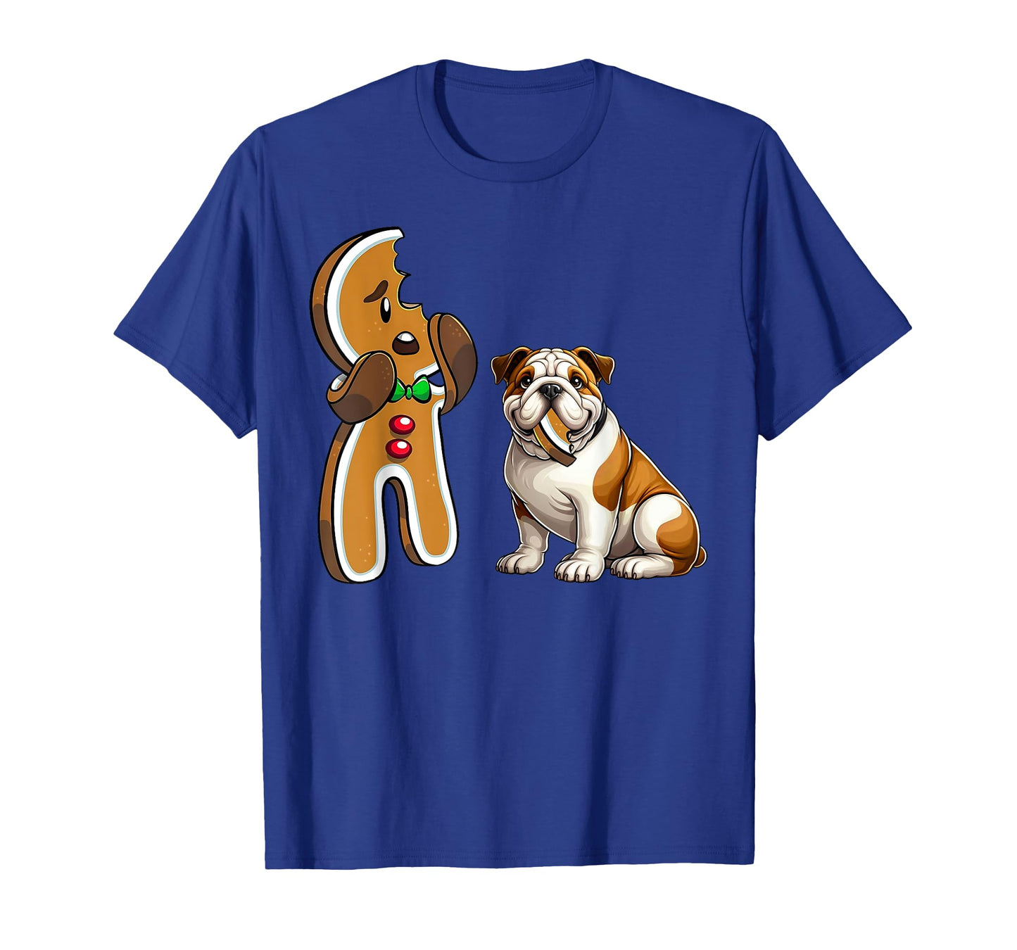 Funny English Bulldog Dog Biting Gingerbread Merry Christmas Men Women Kids T-Shirt