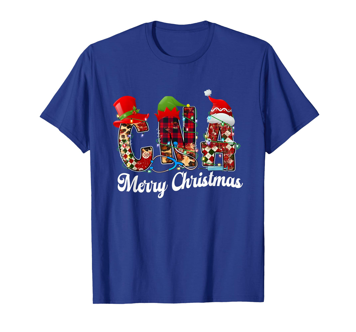 Leopard Red Plaid CNA Nurse Santa Hat Elf Christmas Lights T-Shirt