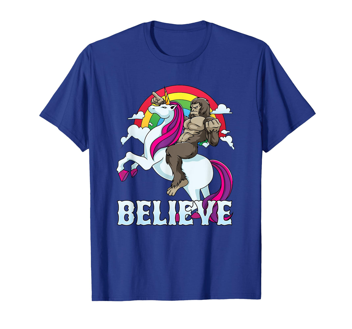 Bigfoot Riding Unicorn Believe Sasquatch Faith Rainbow T-Shirt