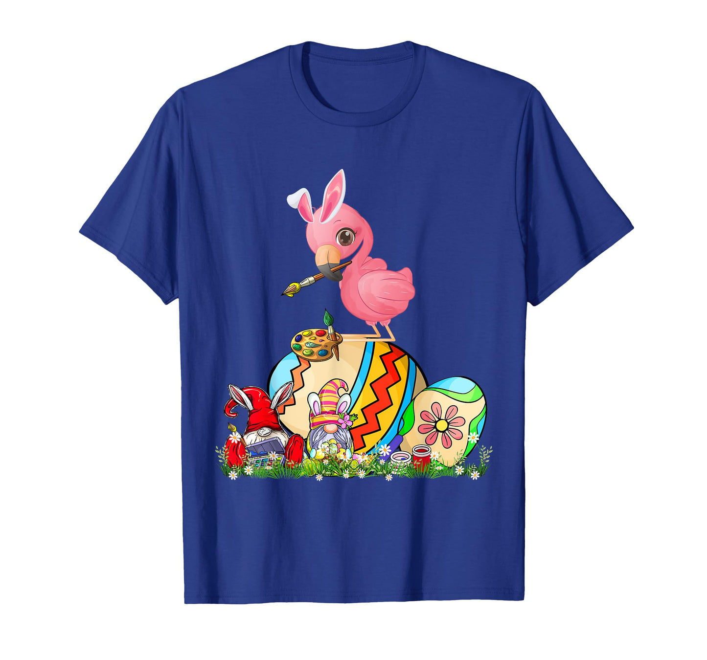 Easter Bunny Flamingo With Gnomes Painting Chocolate Eggs T-Shirt