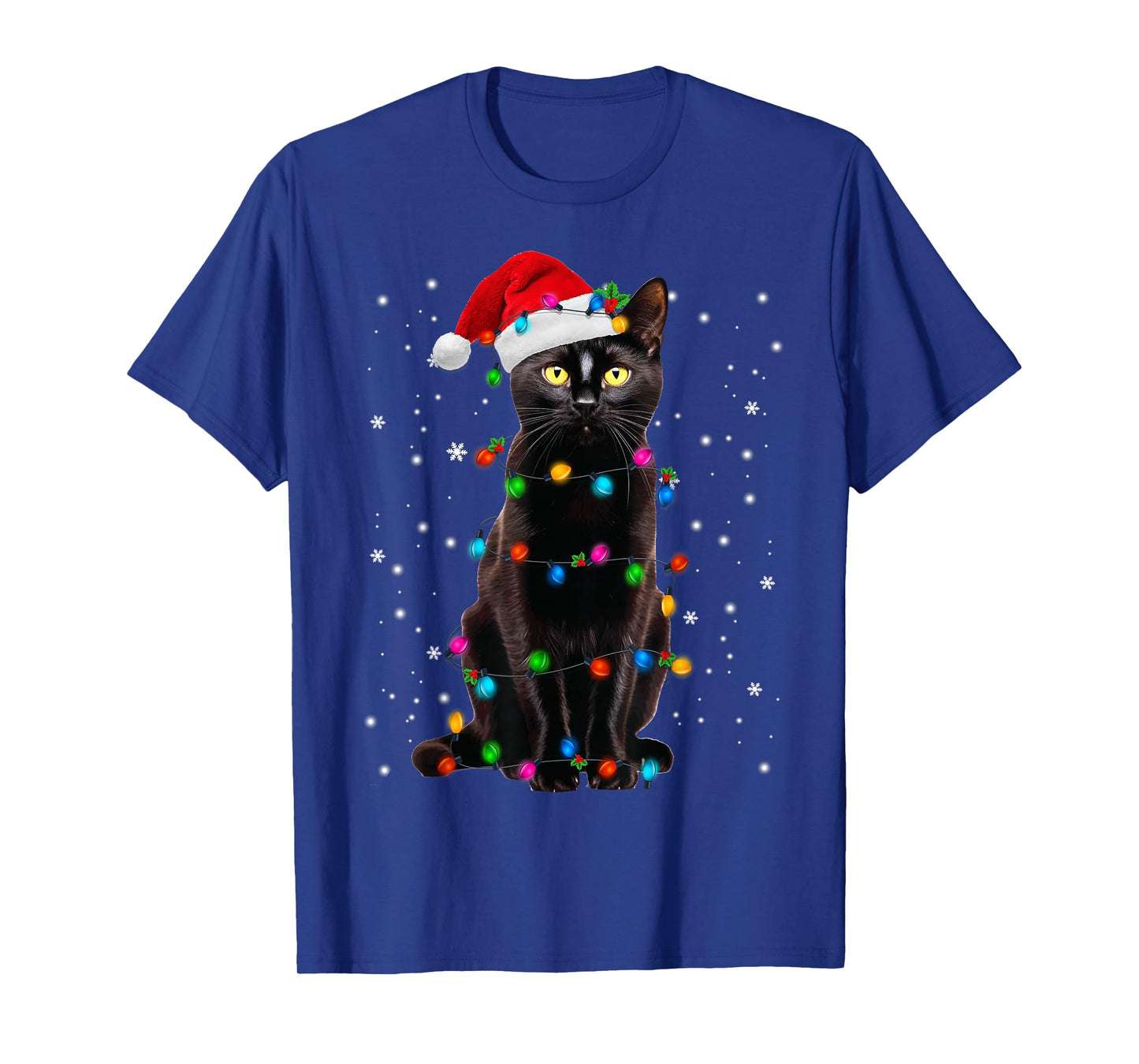 Black Cat Christmas Lights Santa Funny Cat Dad Mom Xmas T-Shirt