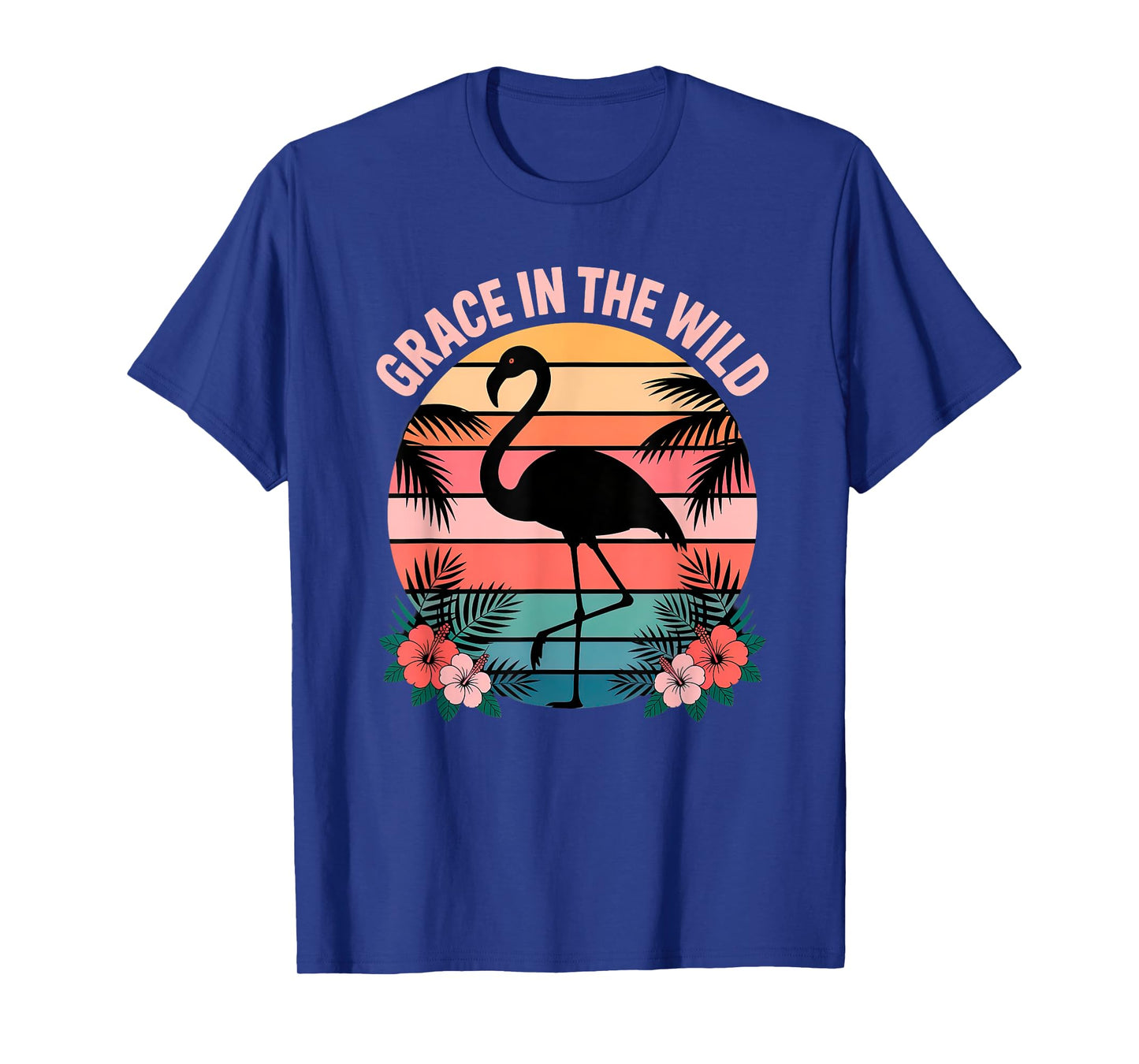 Flamingo with Sunset Colors and Flowers in Nature Scene T-Shirt