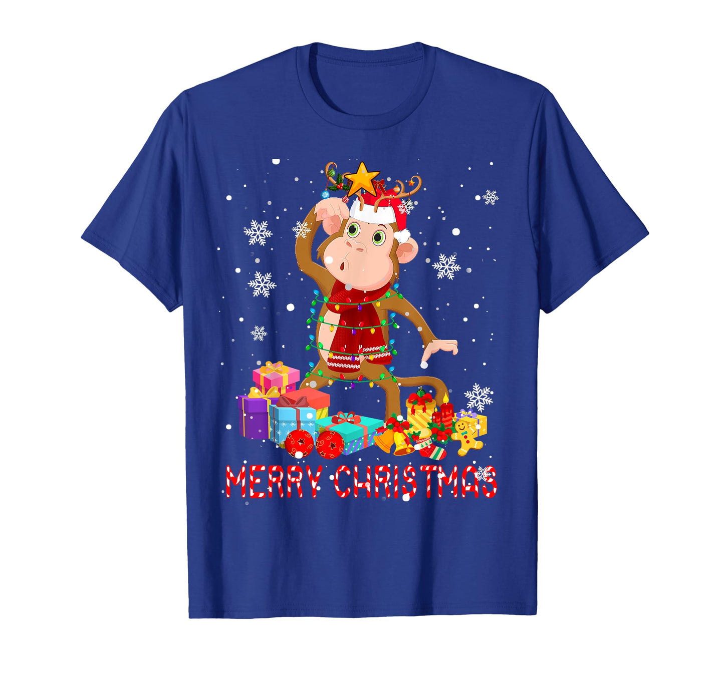 Merry Christmas Cute Christmas Lights Santa Reindeer Monkey T-Shirt