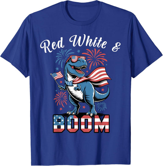 Red White Boom 4th July Dinosaur Funny Boy Toddler Patriotic T-Shirt