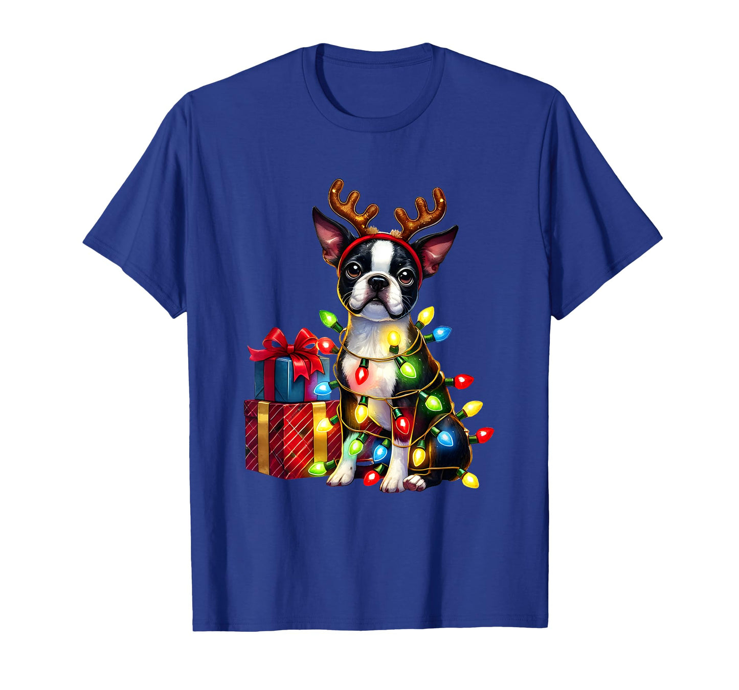 Pet Animal Boston Terrier Dog Reindeer Antlers Christmas T-Shirt for Men Women Kids