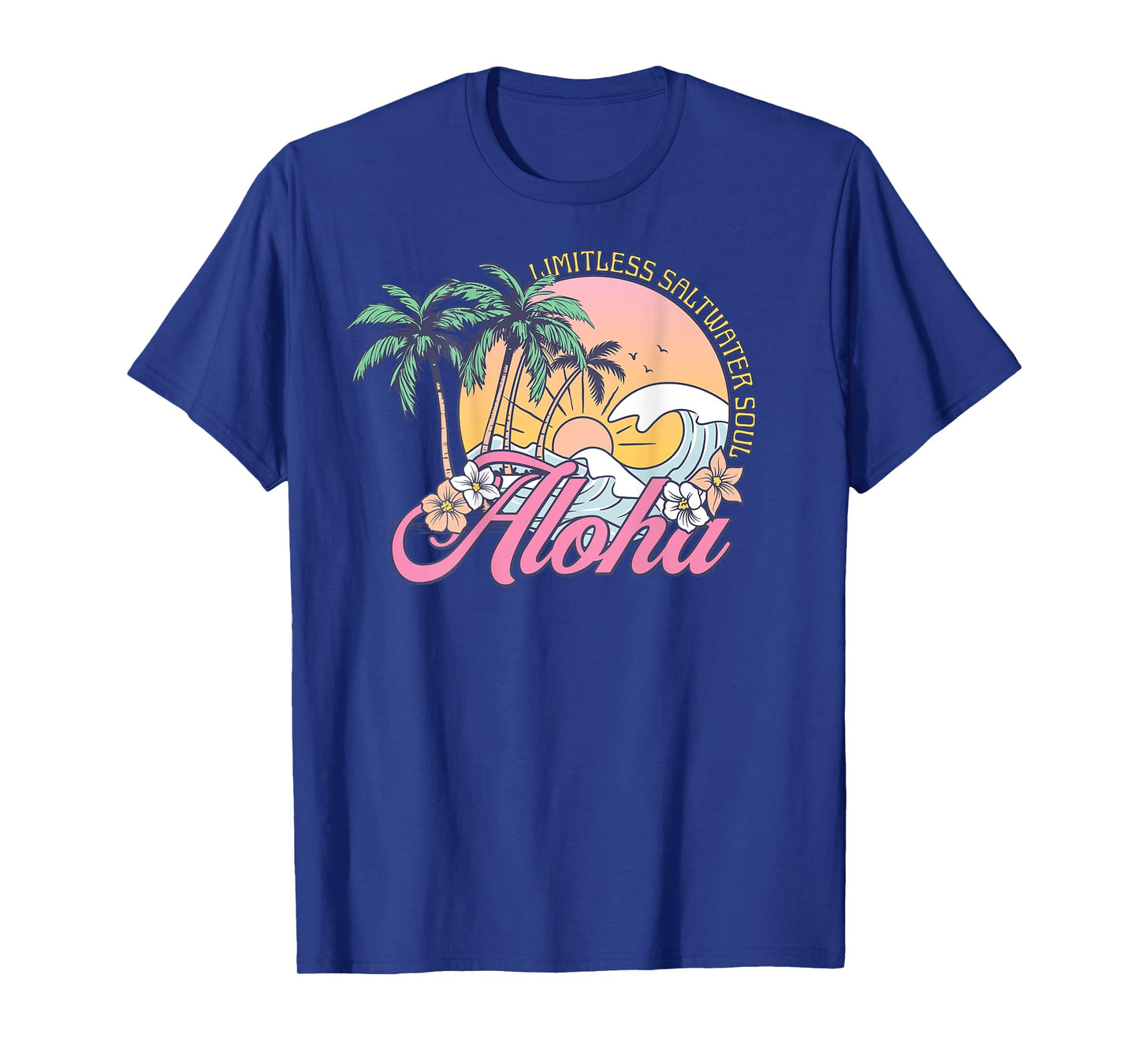 Retro Aloha Sunset Palm Trees Tropical Flowers Surfing Waves T-Shirt