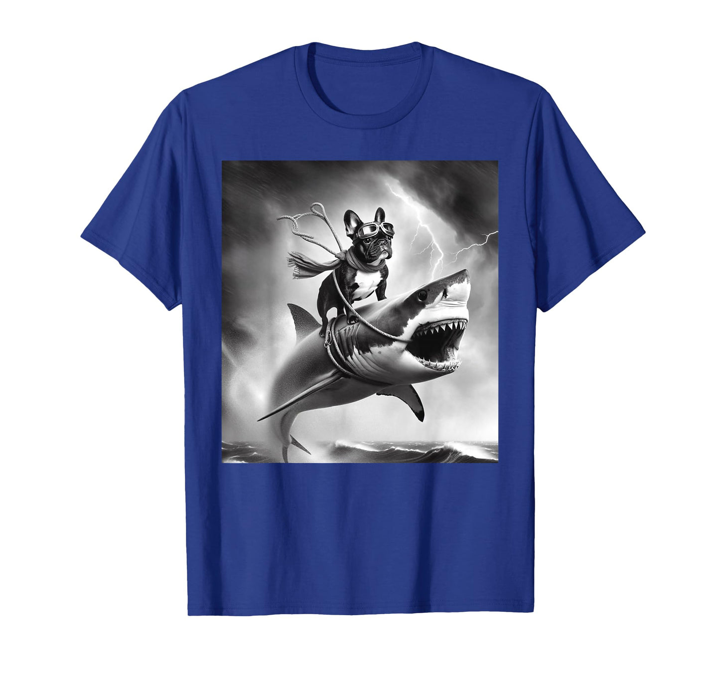 Funny Dog French Bulldog Riding a Shark in Tornado Meme T-Shirt