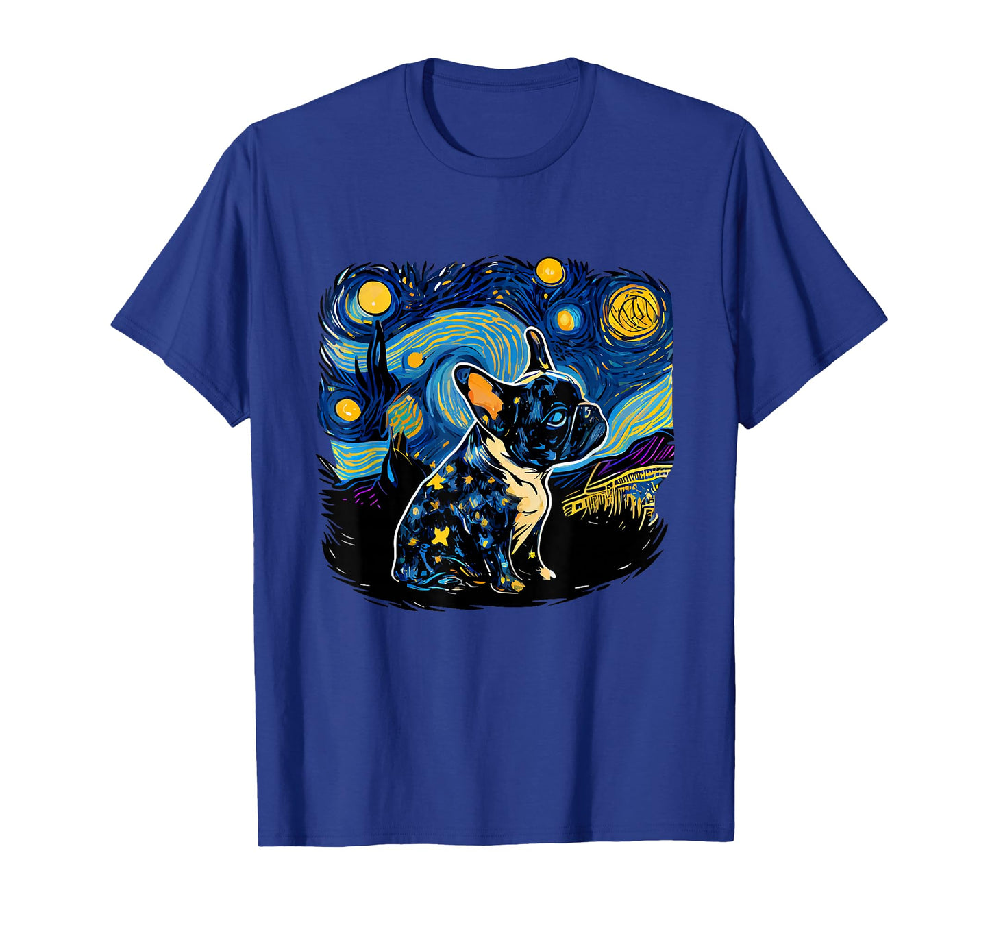 Black Frenchie French Bulldog Starry Night Van Gogh Colorful T-Shirt