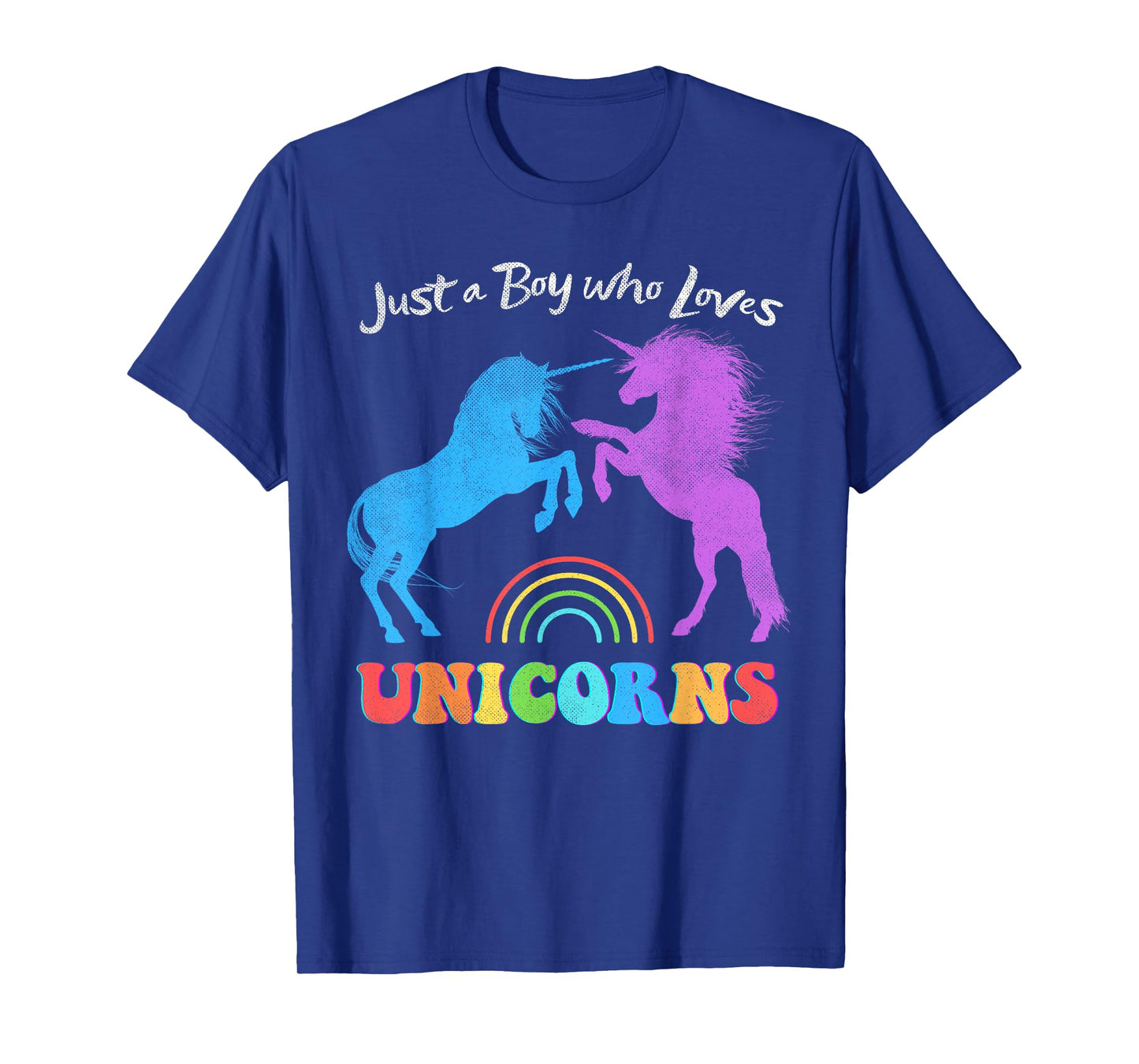 Funny Just a Boy who Loves Unicorns Retro Rainbow Distressed T-Shirt