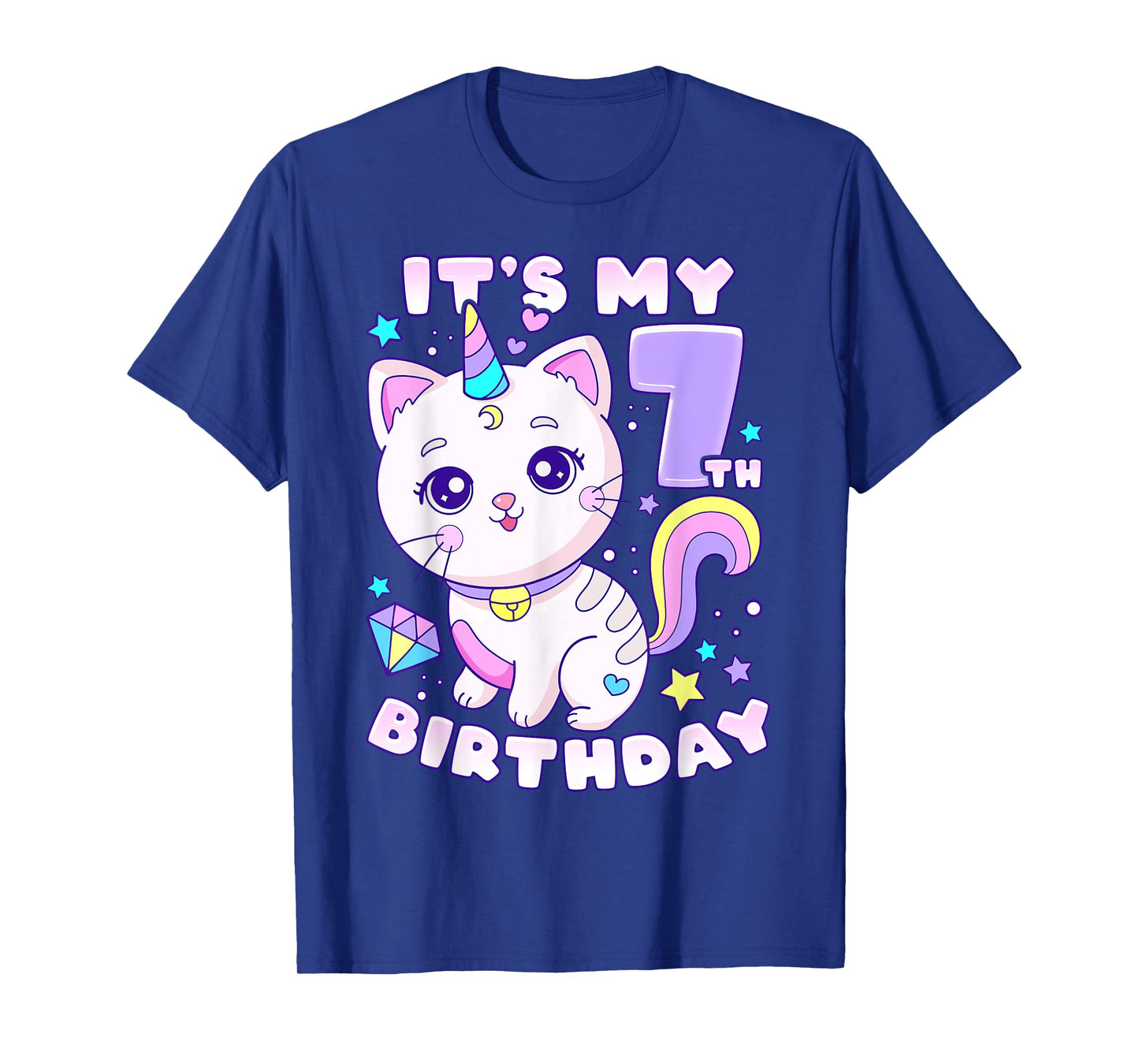 Birthday girl 7 years old, cat, unicorn, 7th birthday T-Shirt