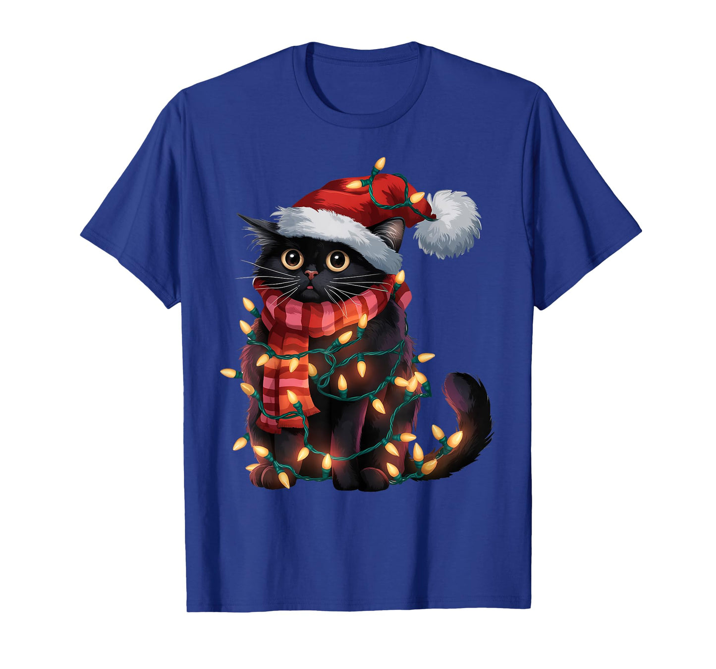 Black Cat Christmas Shirt For Women Santa Hat Xmas Lights T-Shirt