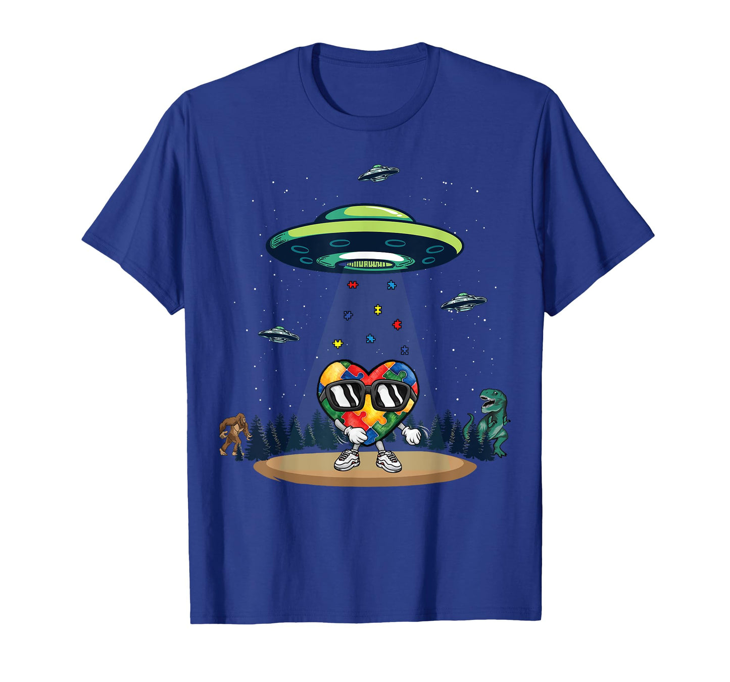 UFO Dinosaur Bigfoot Love Kindness Autism Awareness Puzzle T-Shirt