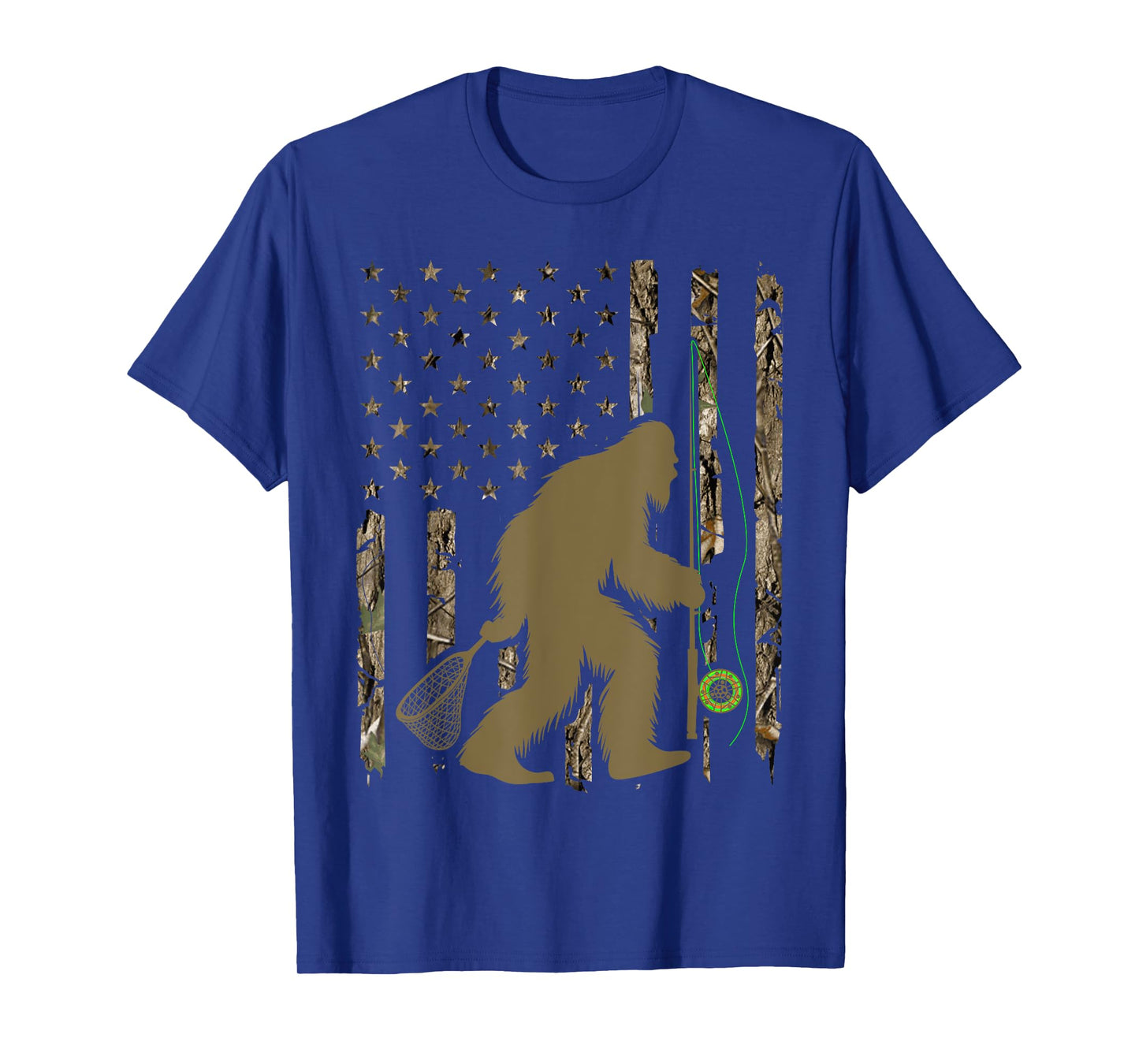 Bigfoot Fly Fishing Sasquatch American Flag Tree Camouflage T-Shirt for Women Men