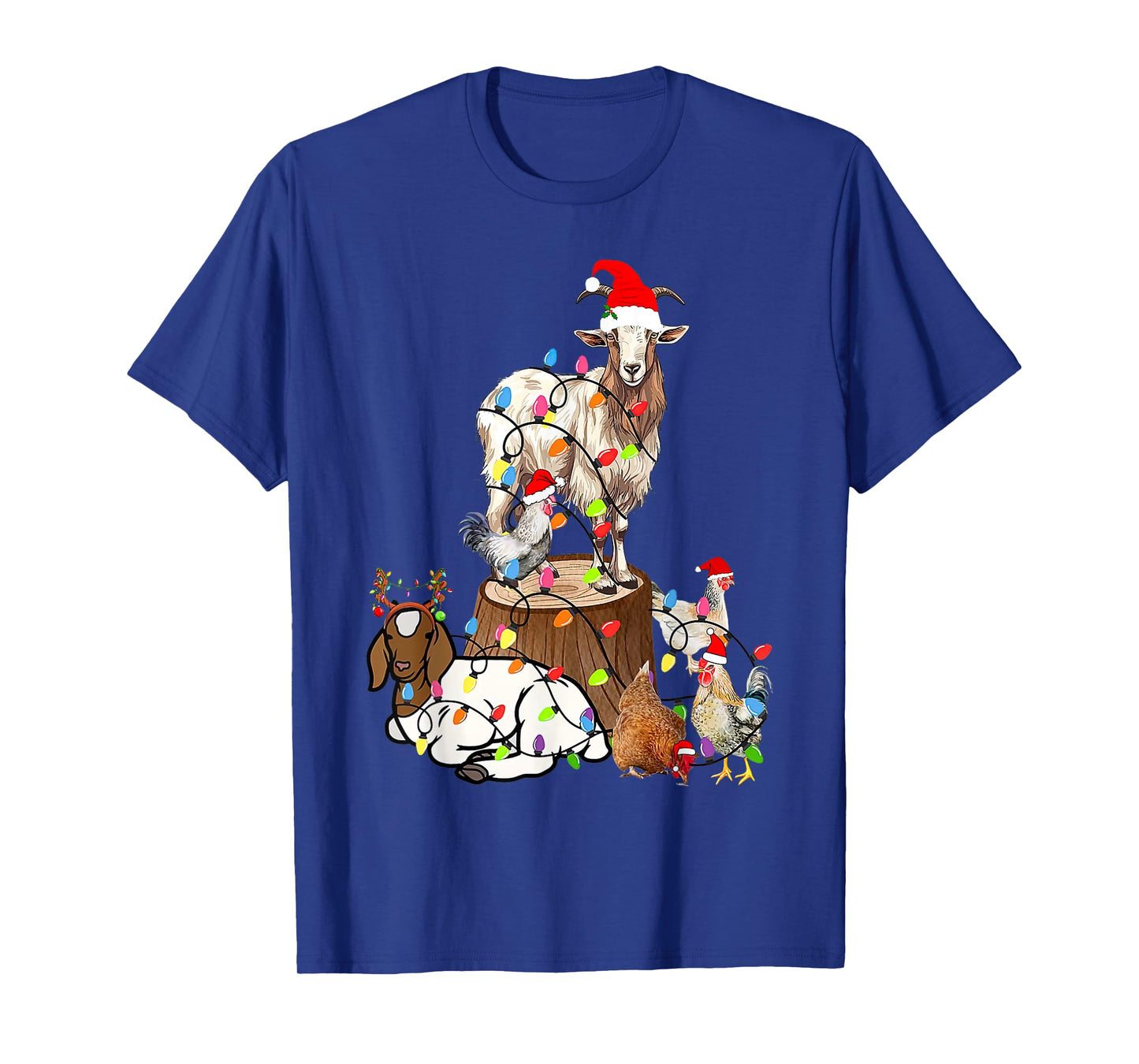 Goat Chicken Santa Hat Reindeer Funny Christmas Lights Farm T-Shirt