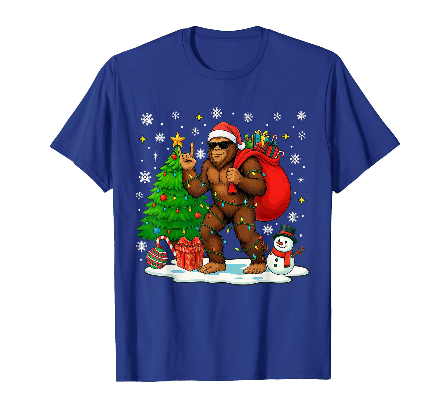 Santa Bigfoot Christmas Tree Lights Boys Men Sasquatch Lover T-Shirt