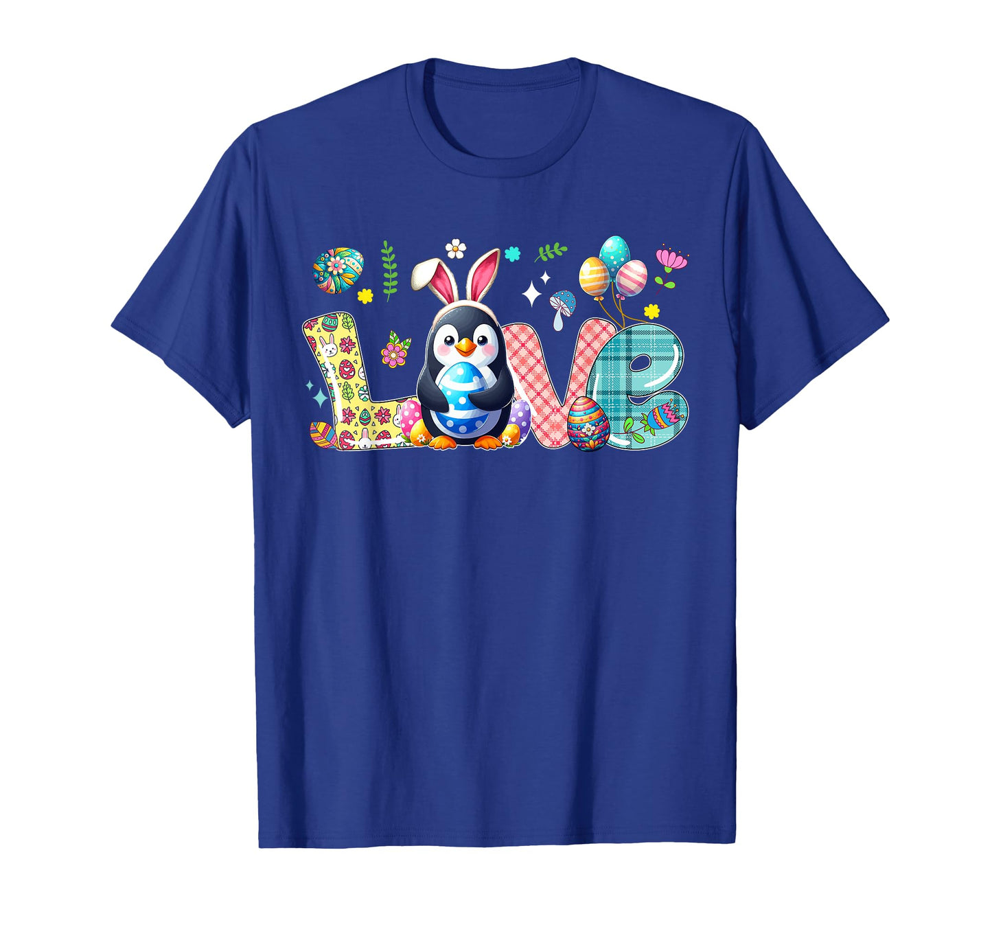 Love Easter Bunny Penguin Hunting Eggs Flowers Colourful T-Shirt