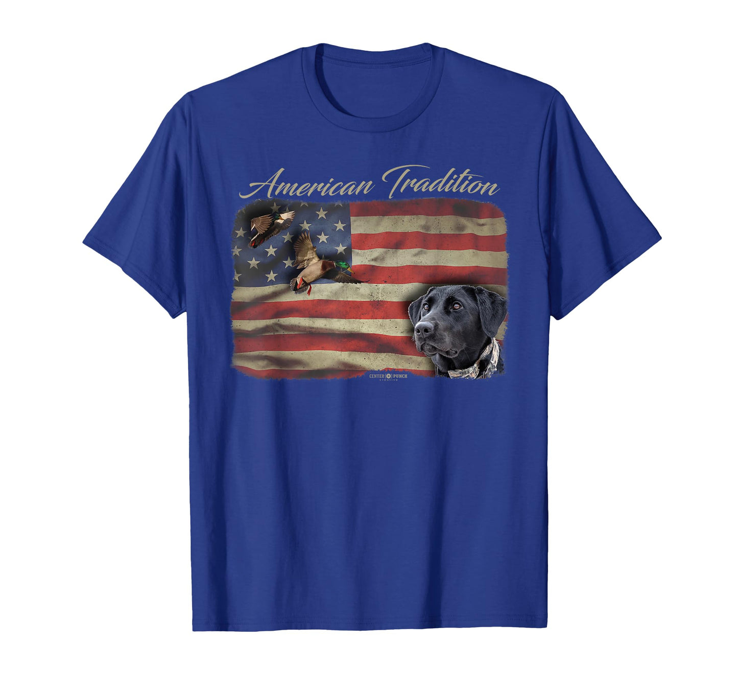 American Tradition Waterfowl Duck Hunting Dog Black Lab Flag Men Women Kids T-Shirt