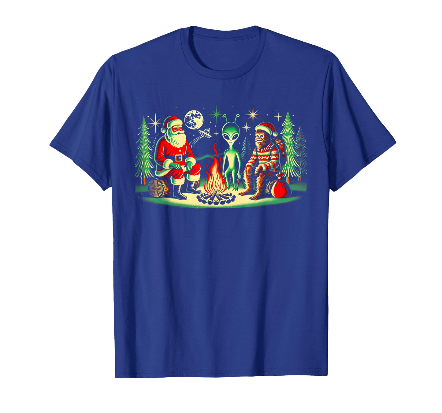 Santa Bigfoot and Alien Sat Around a Fire at Camp, Christmas T-Shirt