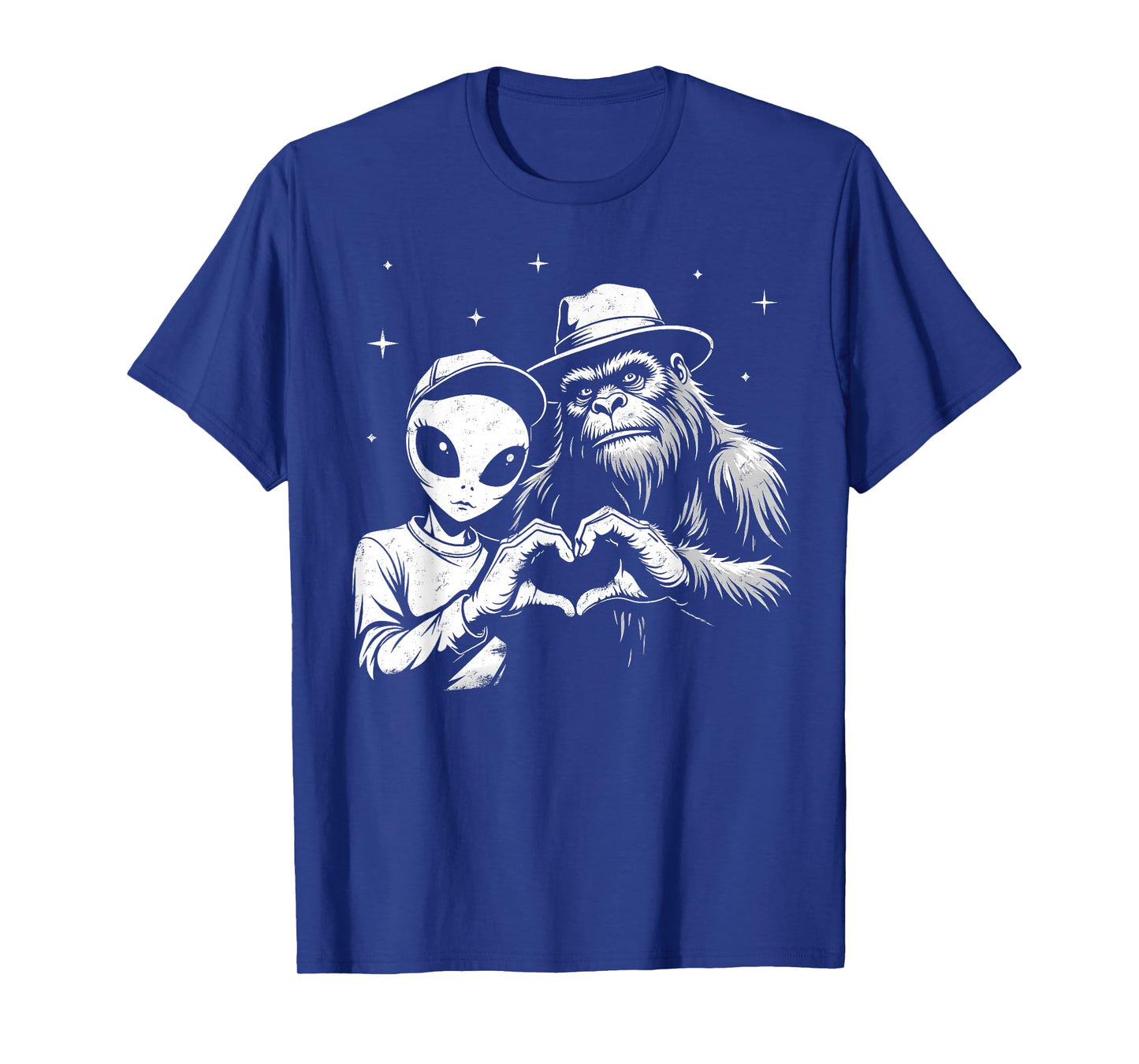 Bigfoot And Alien Love Hand Sign Funny Sasquatch T-Shirt
