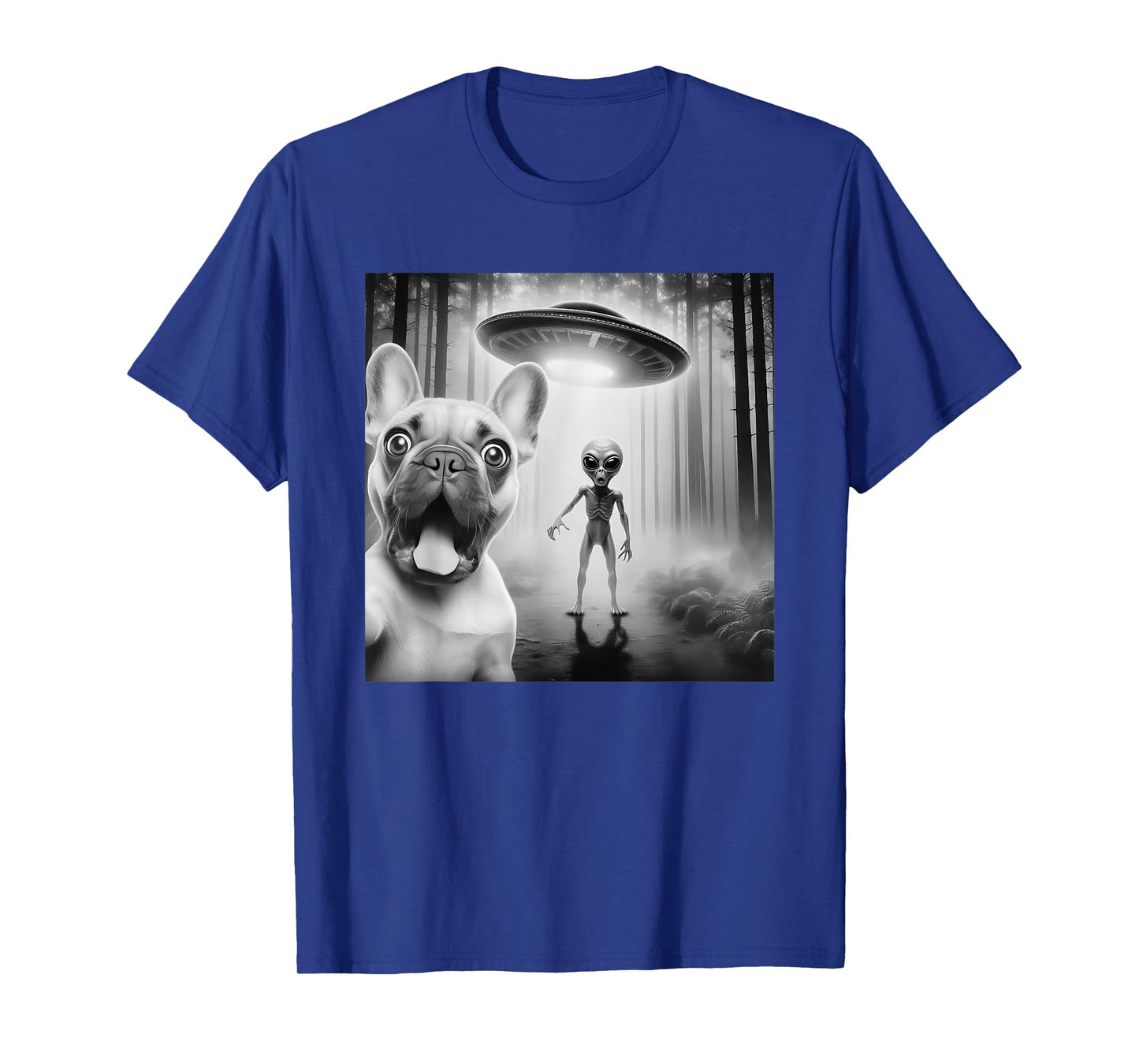 Funny French bulldog surprised Selfie with alien UFO T-Shirt