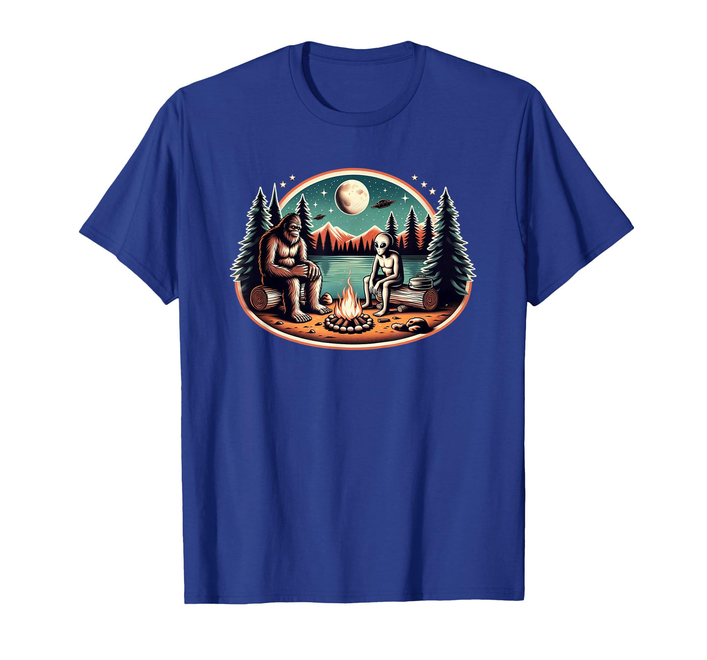 Bigfoot and Alien Campfire UFO Forest Night T-Shirt