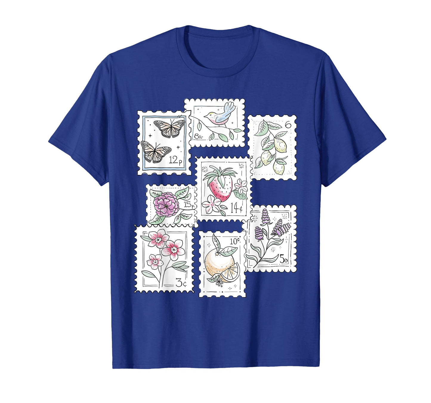 Postage Stamp Pattern Flowers Butterflies Bird Strawberry T-Shirt