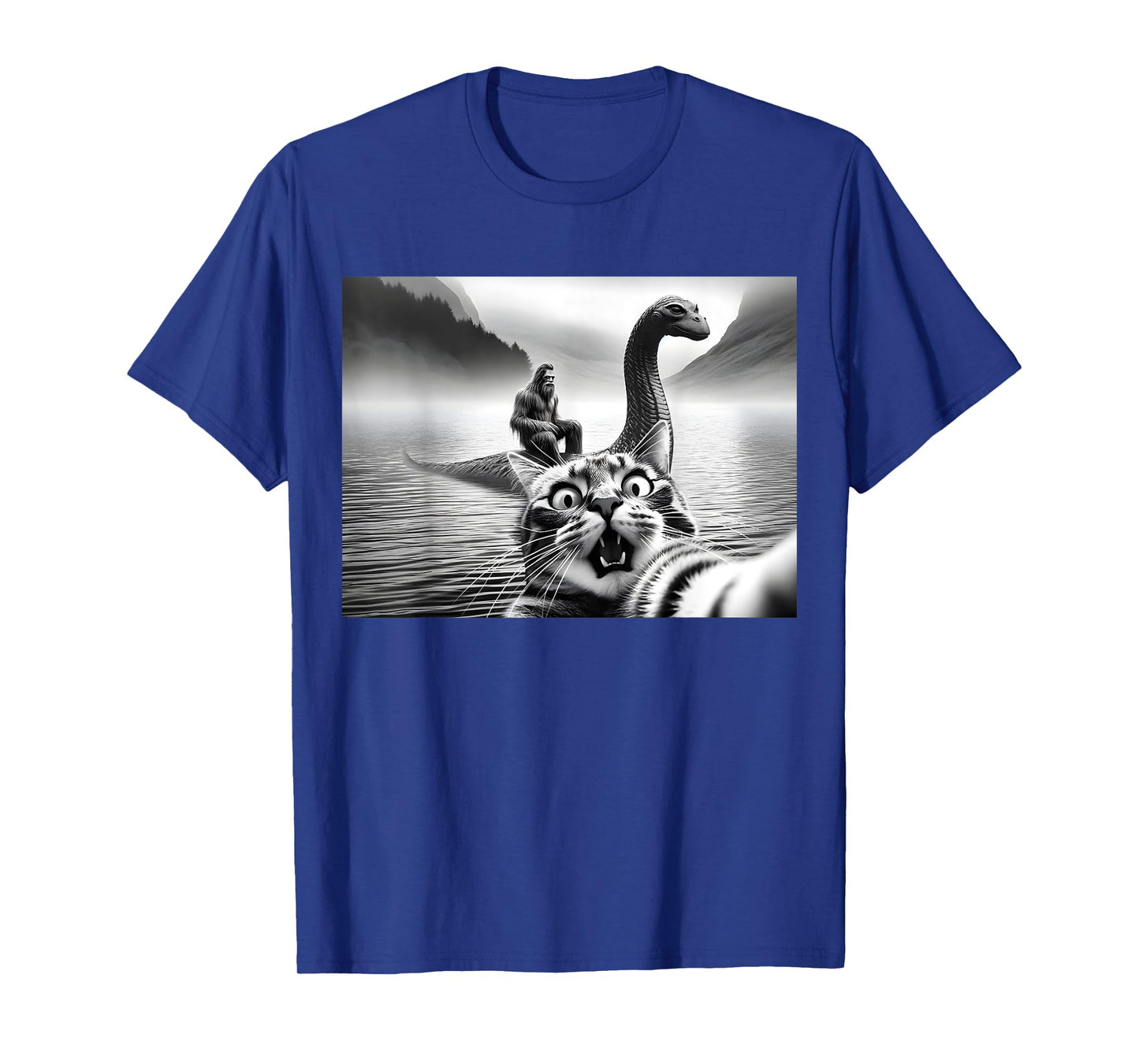 Bigfoot Riding Loch Ness Monster Surprised Scared Cat Selfie T-Shirt for Men Women Girls Kids
