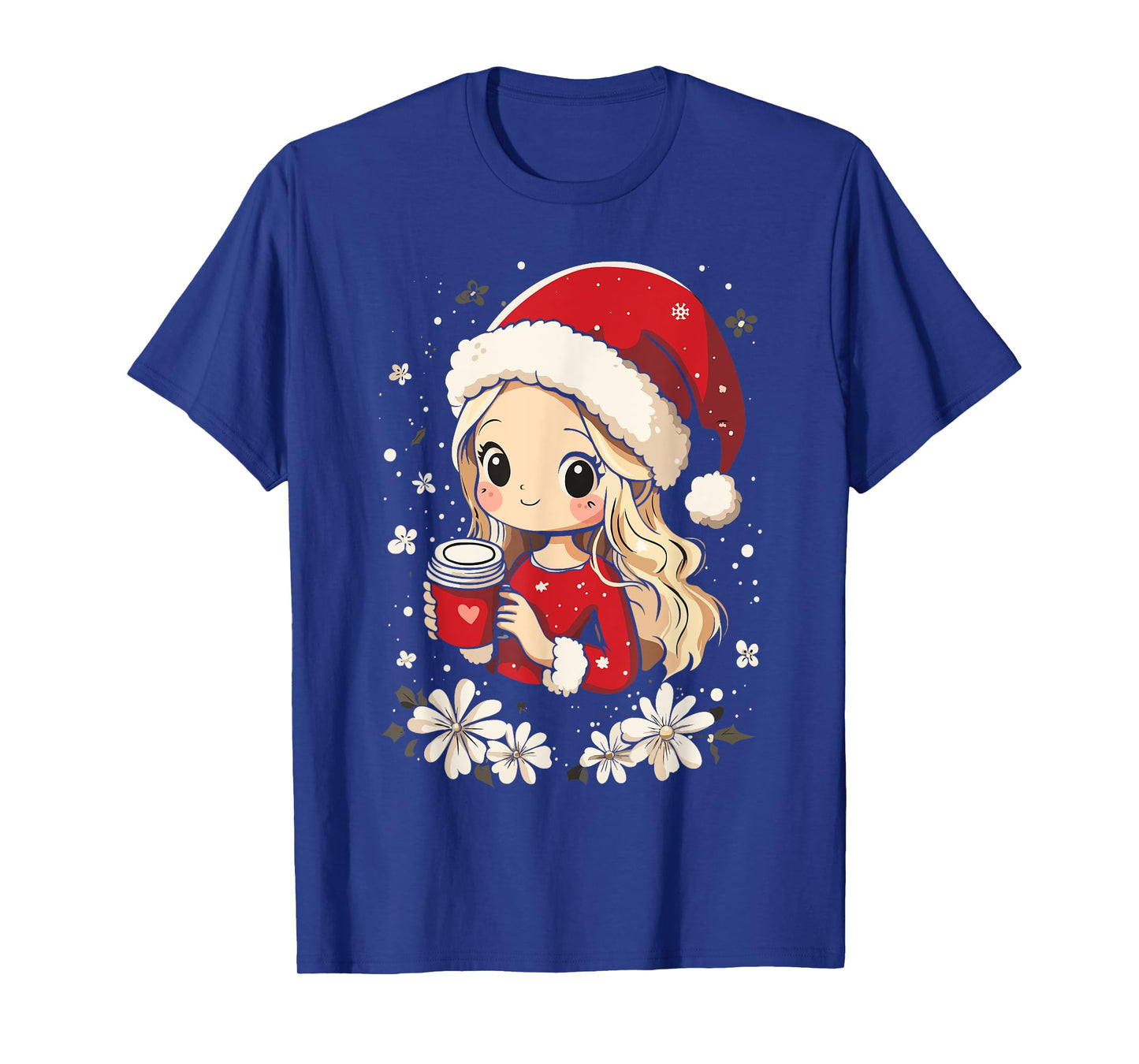 Christmas Santa Girl Coffee Flower Kids Santa Women Xmas T-Shirt