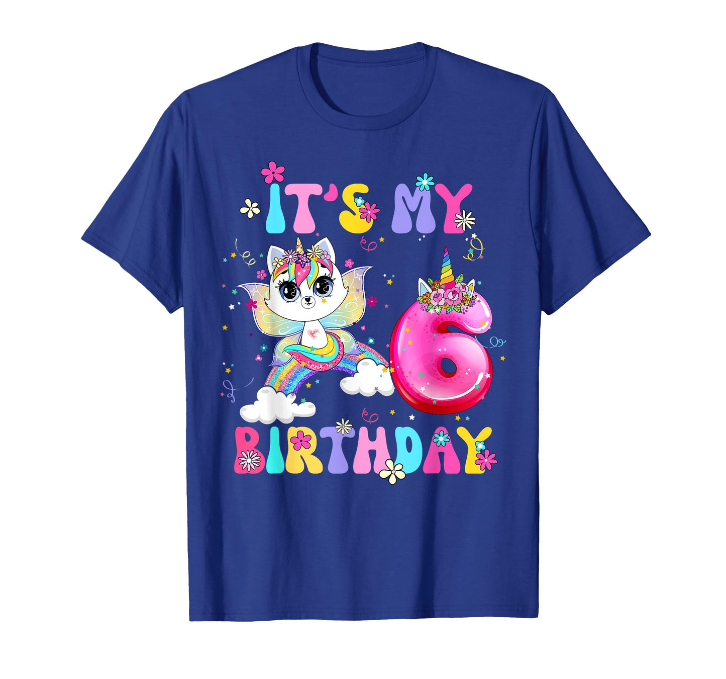 Kids 6th Birthday Cat Unicorn 6 Years Old Rainbow Girl Teens T-Shirt