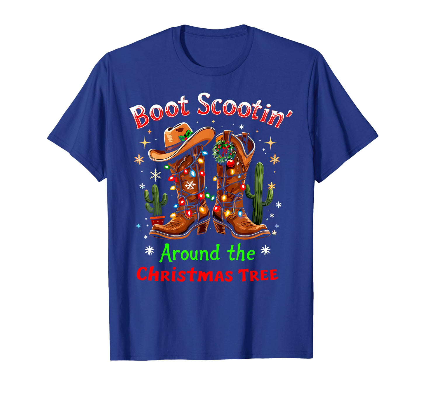 Funny Christmas New Year Xmas Party Christmas Eve Boot Scootin' Around the Christmas Tree Lights Cowboy Tee T-Shirt - Black, Small, Short Sleeve, Crew Neck, Western Style, Casual, Unisex-Adults/Kids