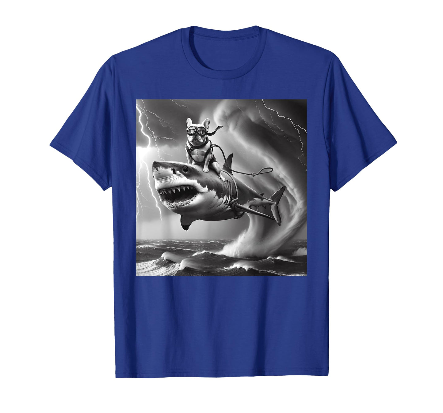 Funny Dog Bulldog Riding a Shark in Tornado Meme T-Shirt