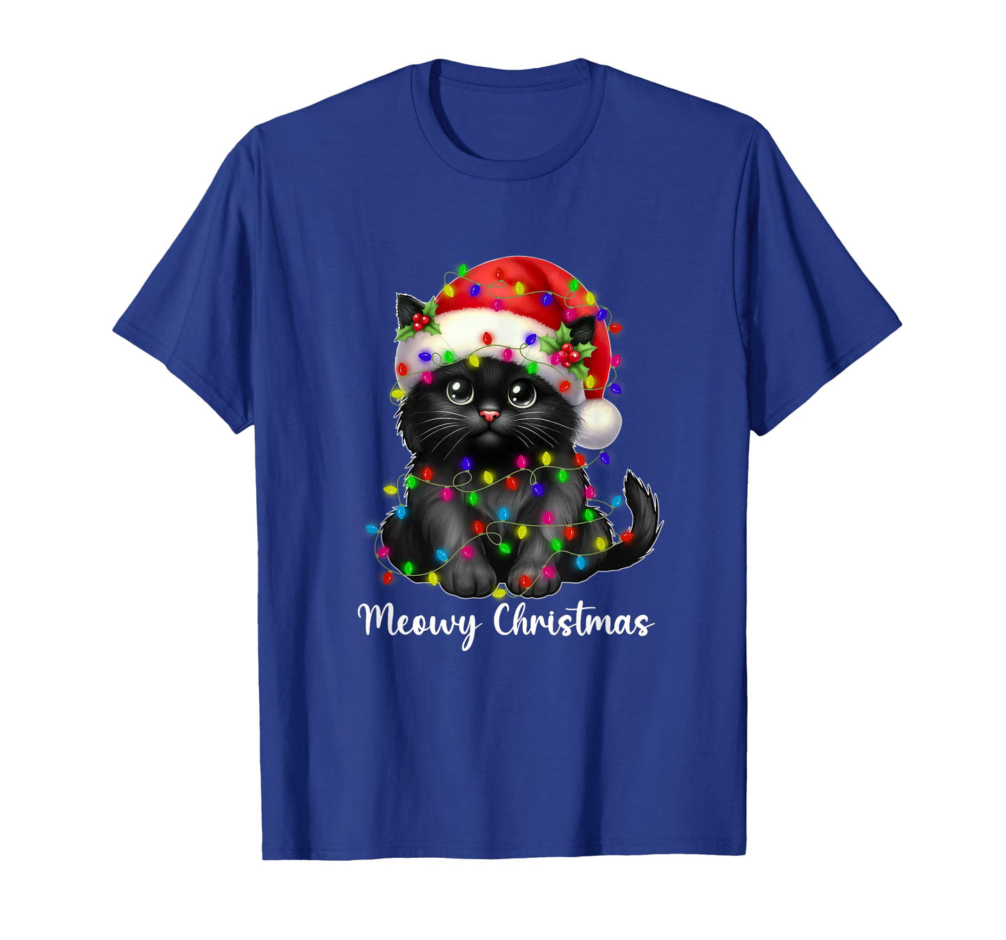 Meowy Christmas Lights Funny Family Black Cat Xmas Matching T-Shirt
