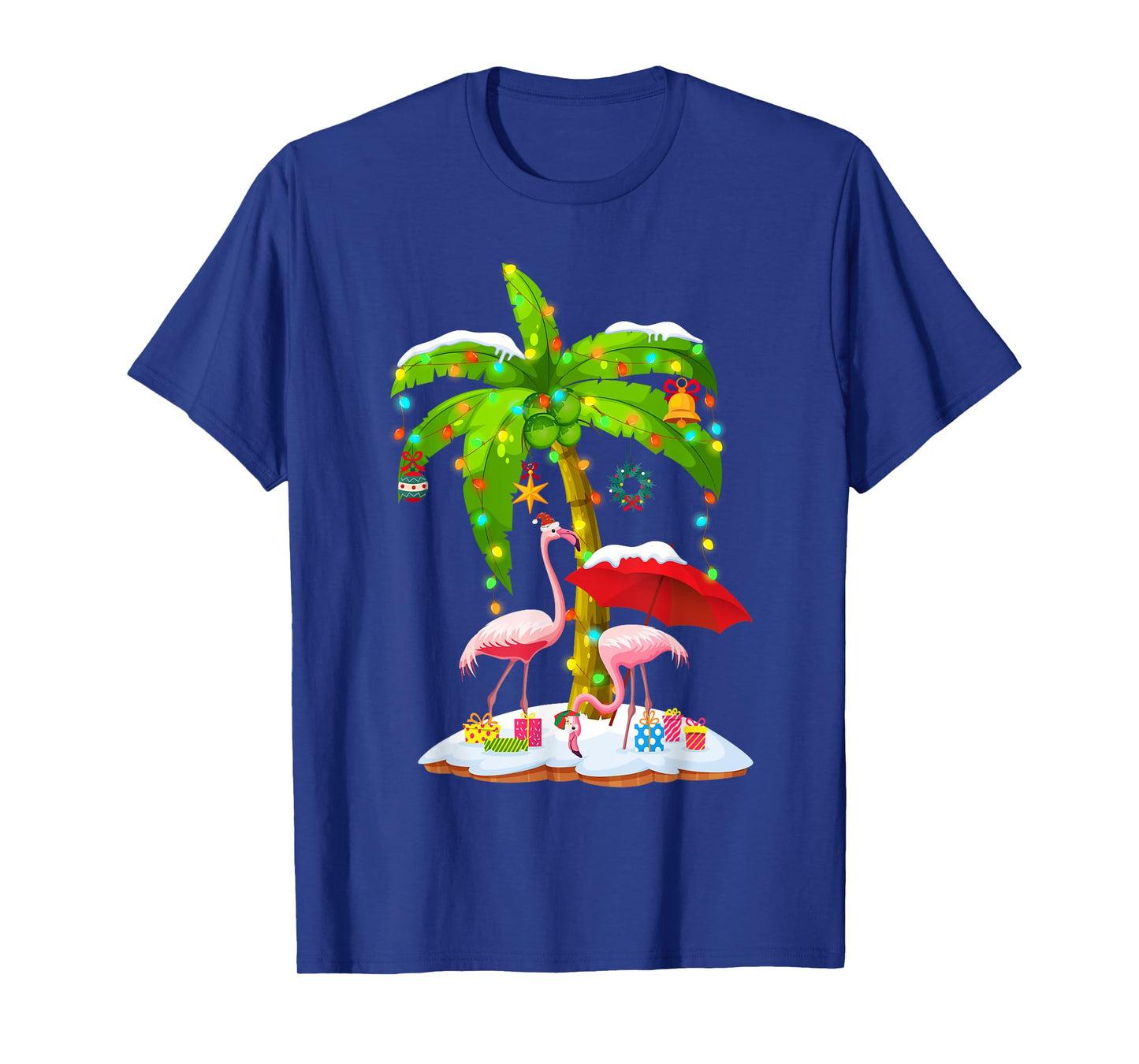 Flamingo Santa hat Palm tree Merry Christmas lights T-Shirt