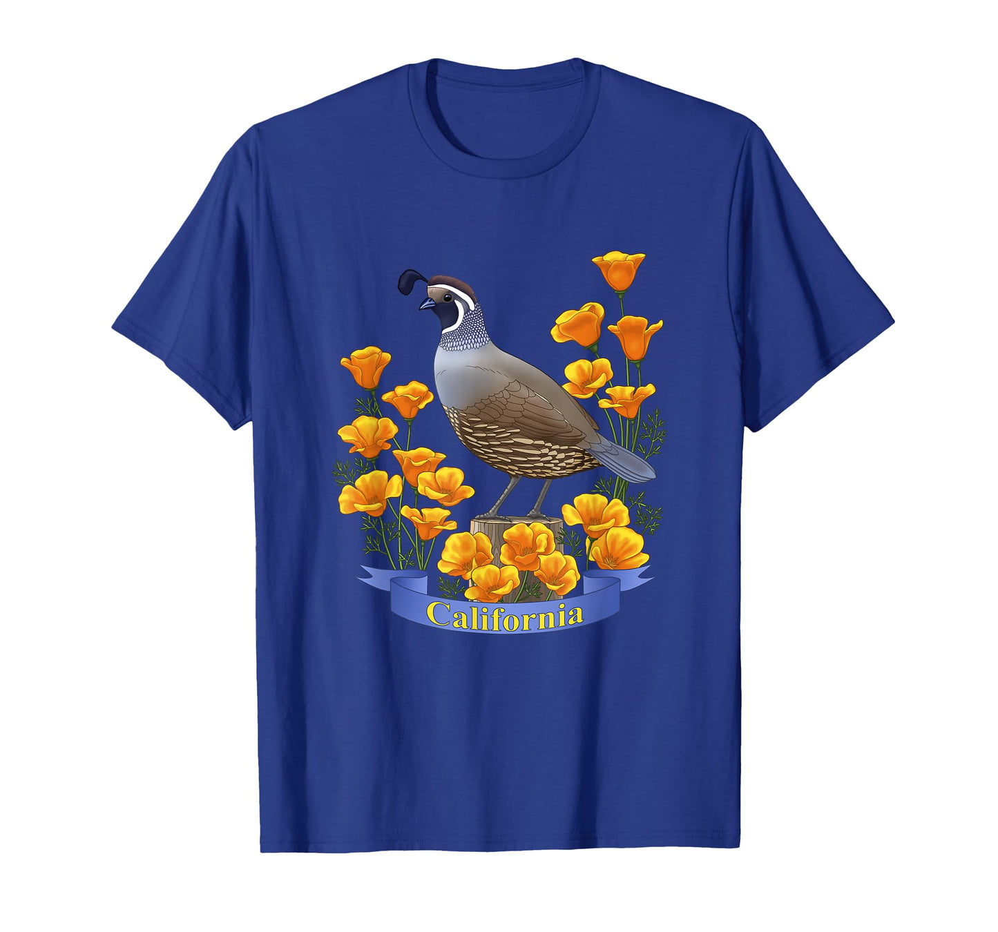 California Valley Quail State Bird & Golden Poppy Flowers T-Shirt