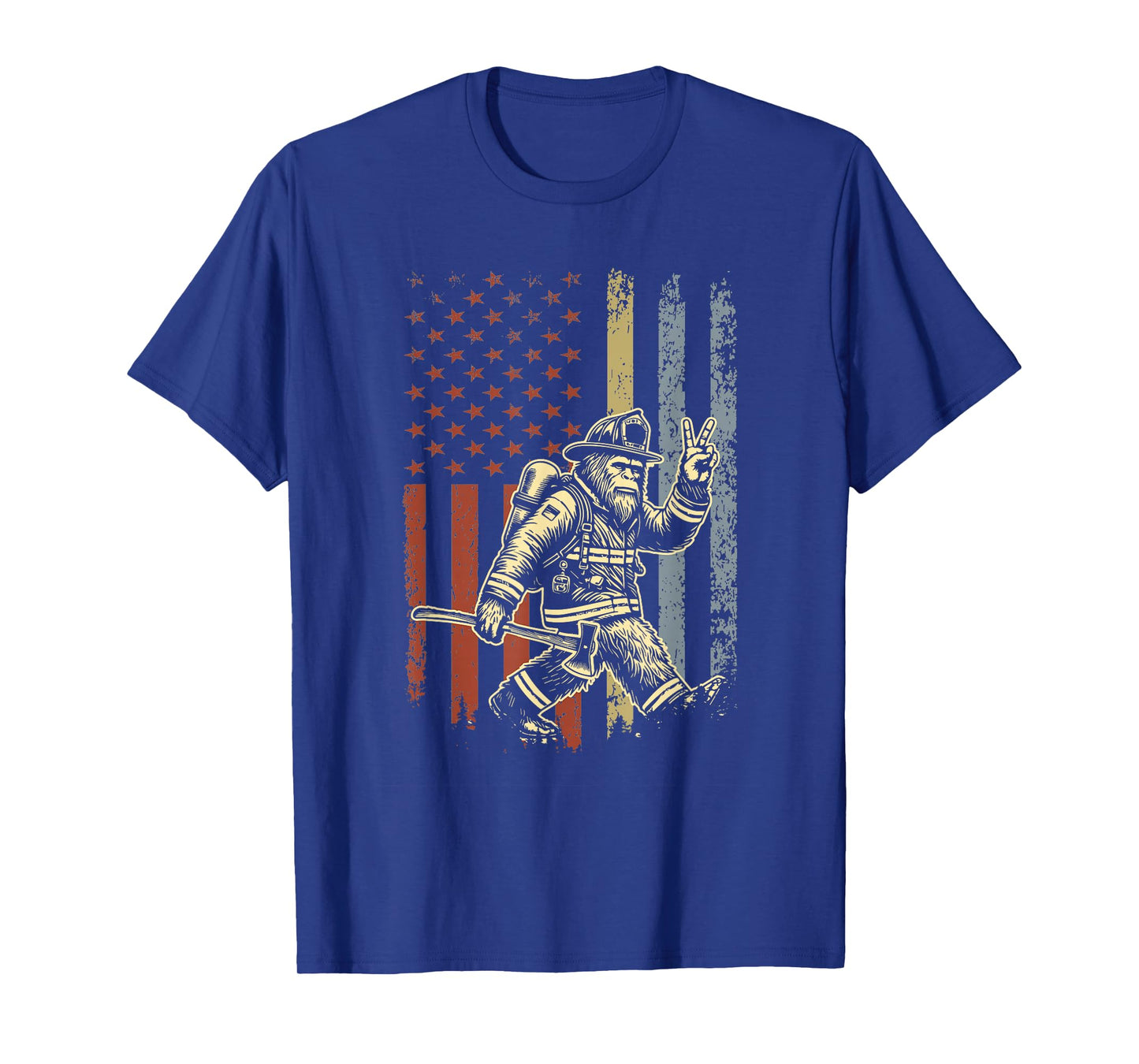 Retro American Flag Bigfoot Firefighter Sasquatch Fireman T-Shirt