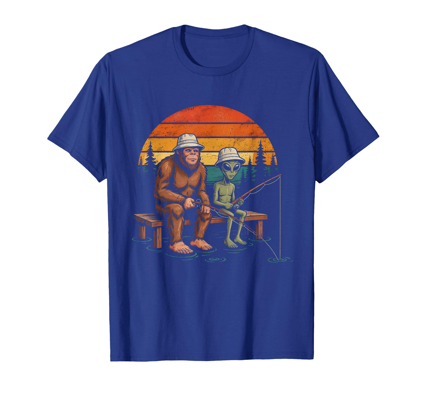 Funny Alien and Sasquatch Bigfoot Fishing Fisherman Men Boys T-Shirt