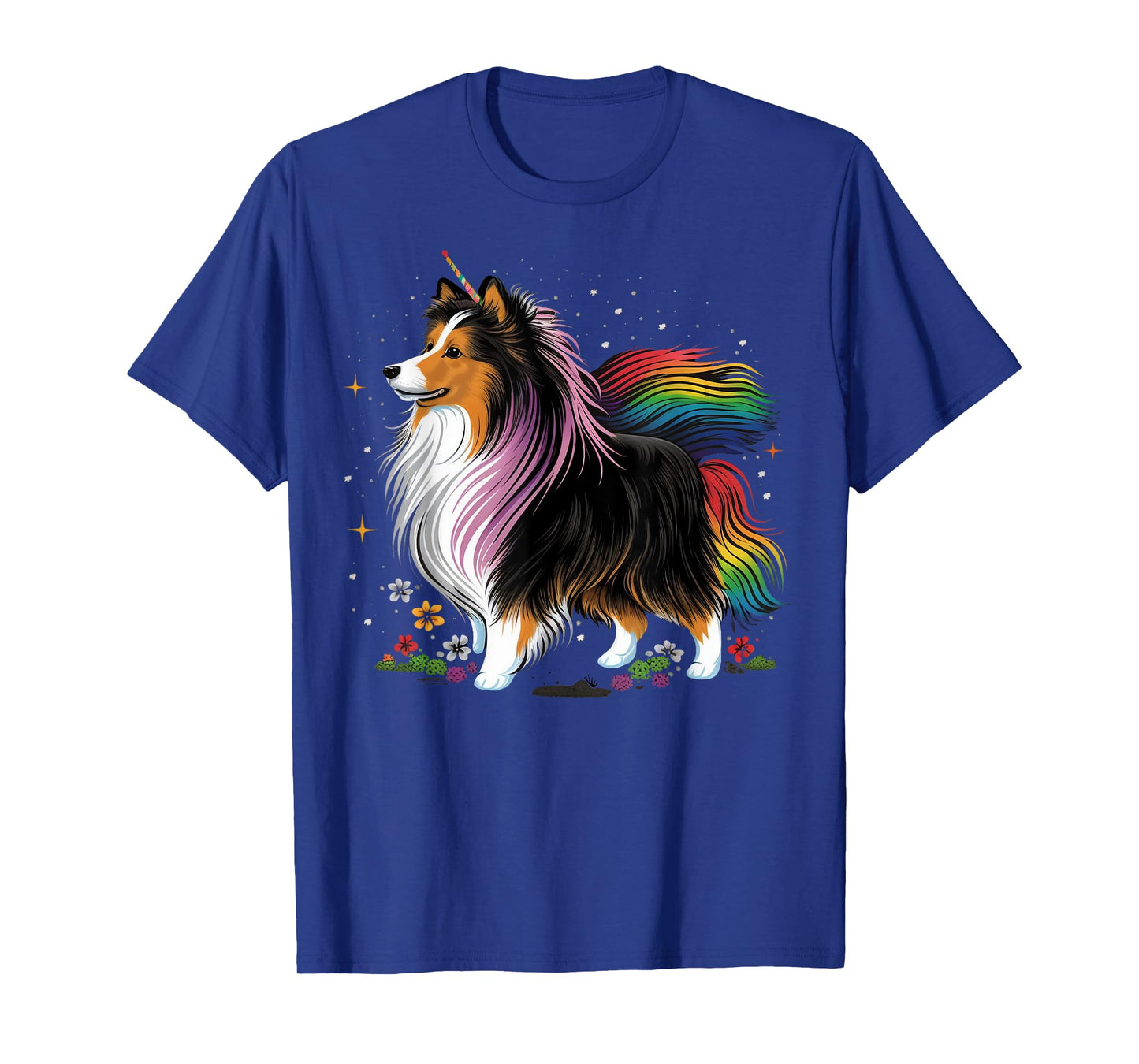 Sheltie Unicorn on Rainbow Unicorn Shetland Sheepdog Men Women Kids T-Shirt