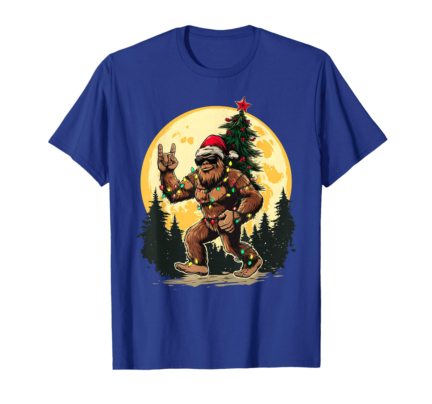 Bigfoot Rock Christmas Tree Xmas Lights Funny Sasquatch T-Shirt